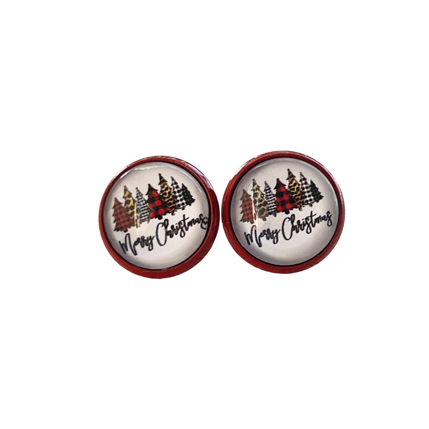 Red Stud Earrings with Christmas Trees: Spread Holiday Cheer with 'Merry Christmas' Design