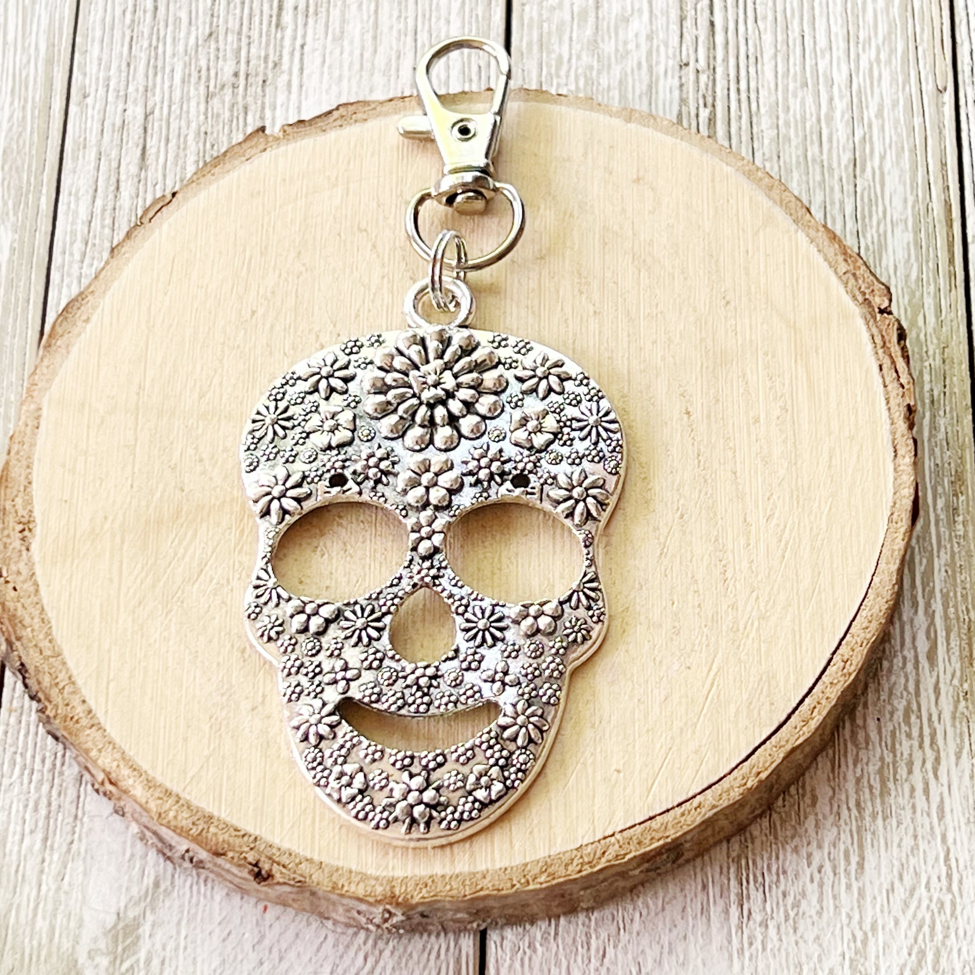 Silver Floral Skeleton Skull Zipper Pull Keychain Purse Charm