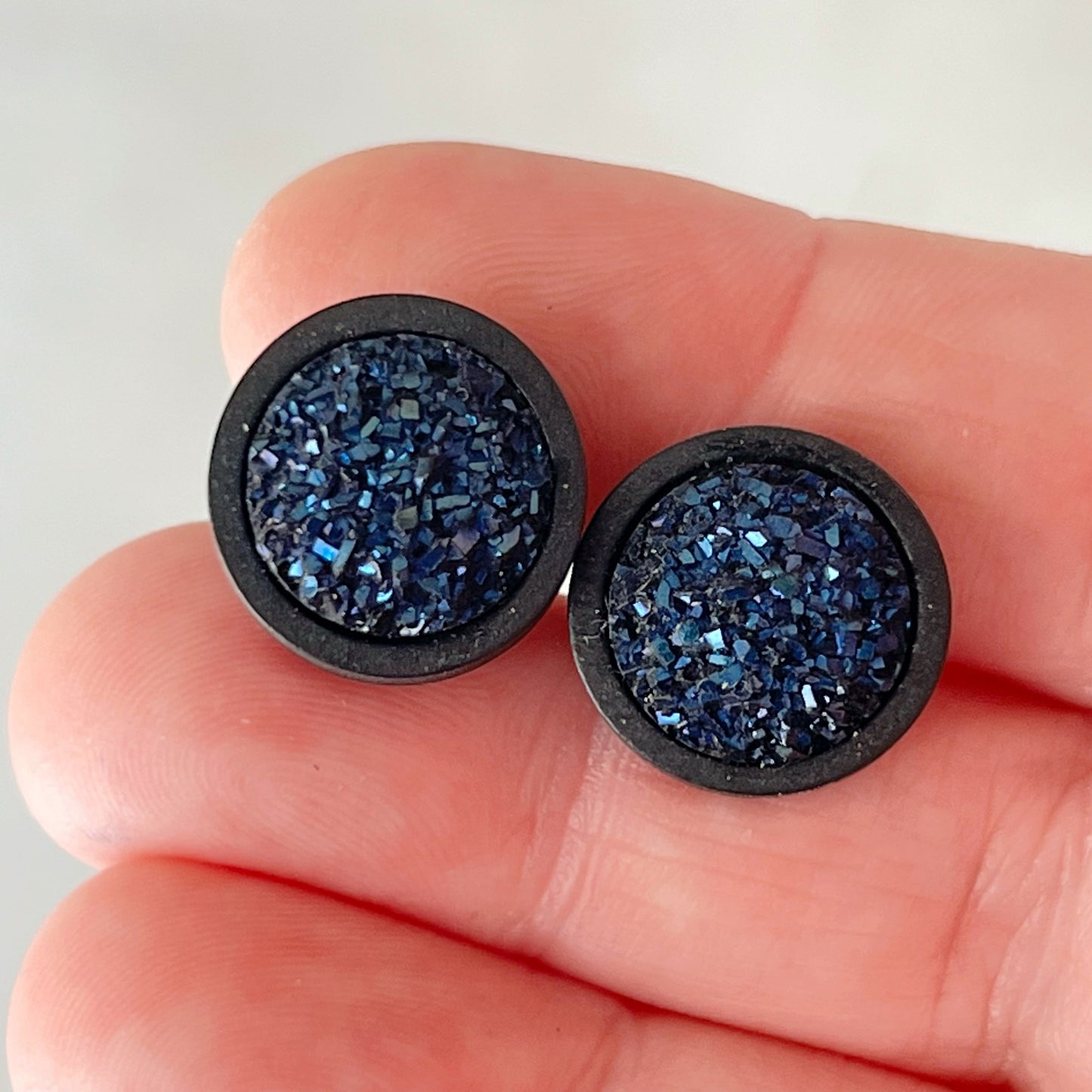 Round Blue Druzy & Black Wood Stud Earrings - Statement-making & Contemporary Accessories