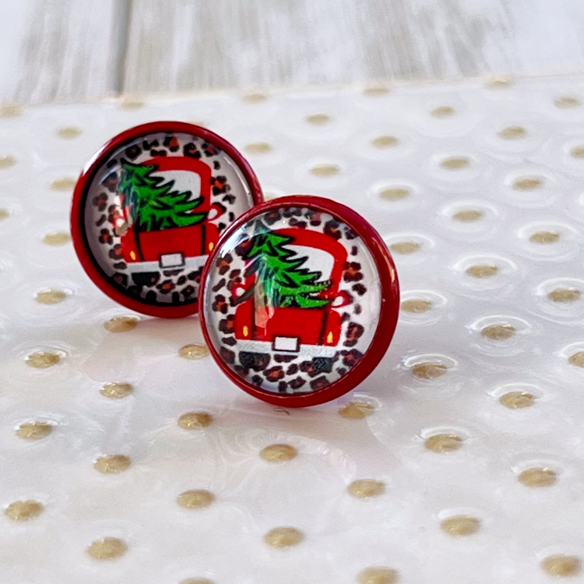 Red Truck with Christmas Tree Stud Earrings: Rustic Farmhouse Holiday Charm for Your Ears