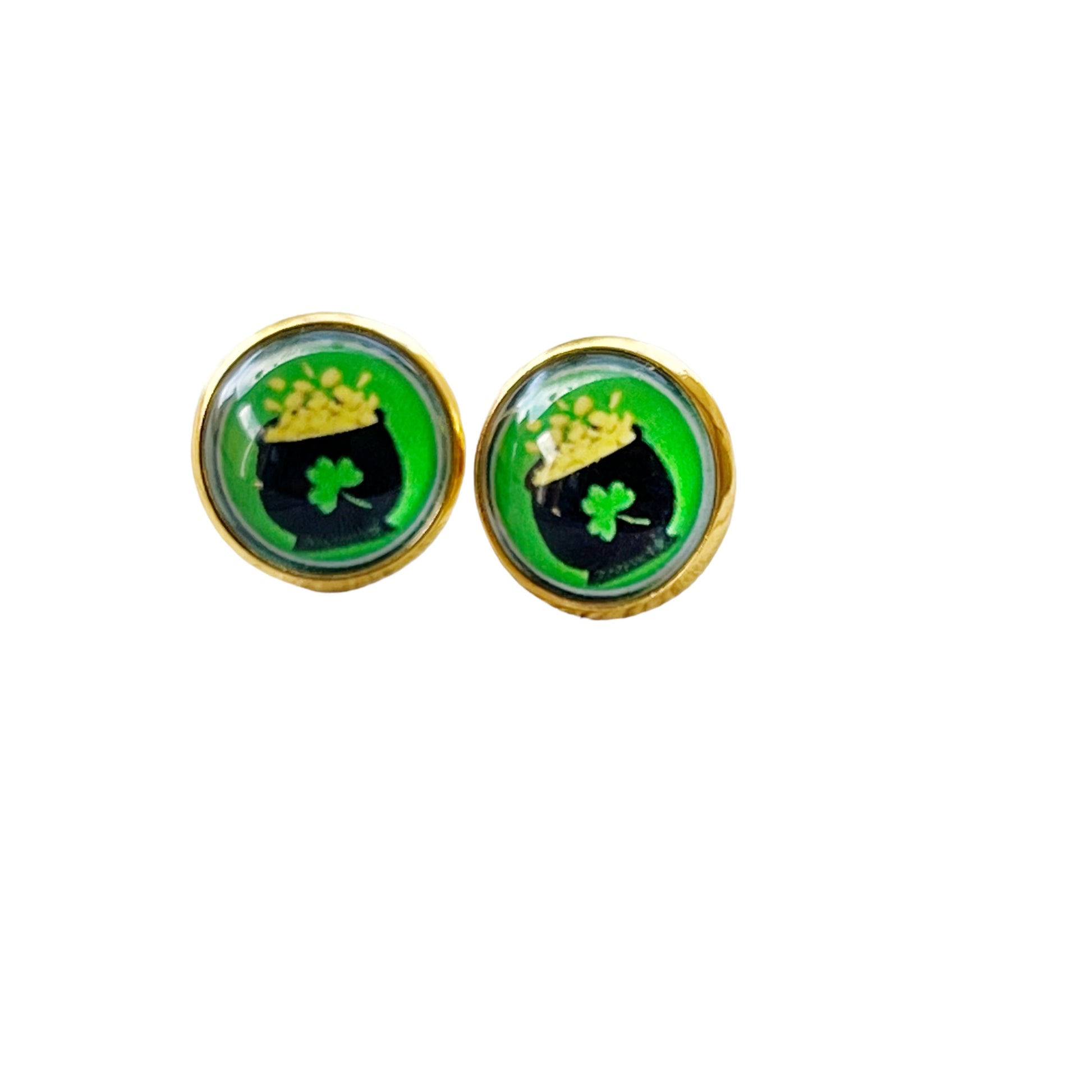 Gold Stud Earrings: Lucky Pot of Gold Design for St. Patrick's Day Charm