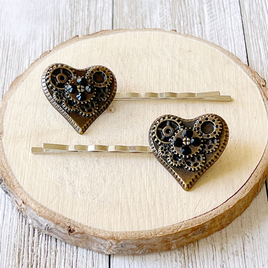 Steampunk Gear Hearts with Black Rhinestones Hair Pin