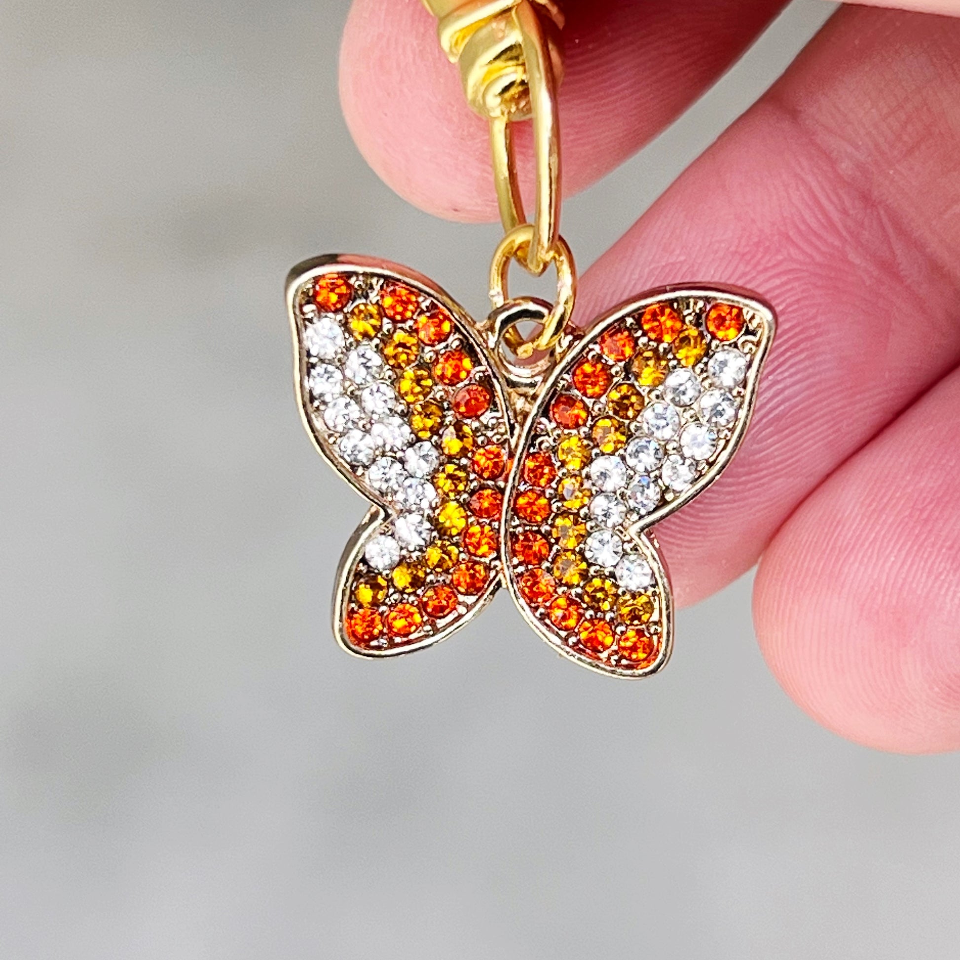 Red & Orange Butterfly Zipper Pull Keychain Charm with Rhinestones - Stylish and Whimsical Accessory for Your Bag