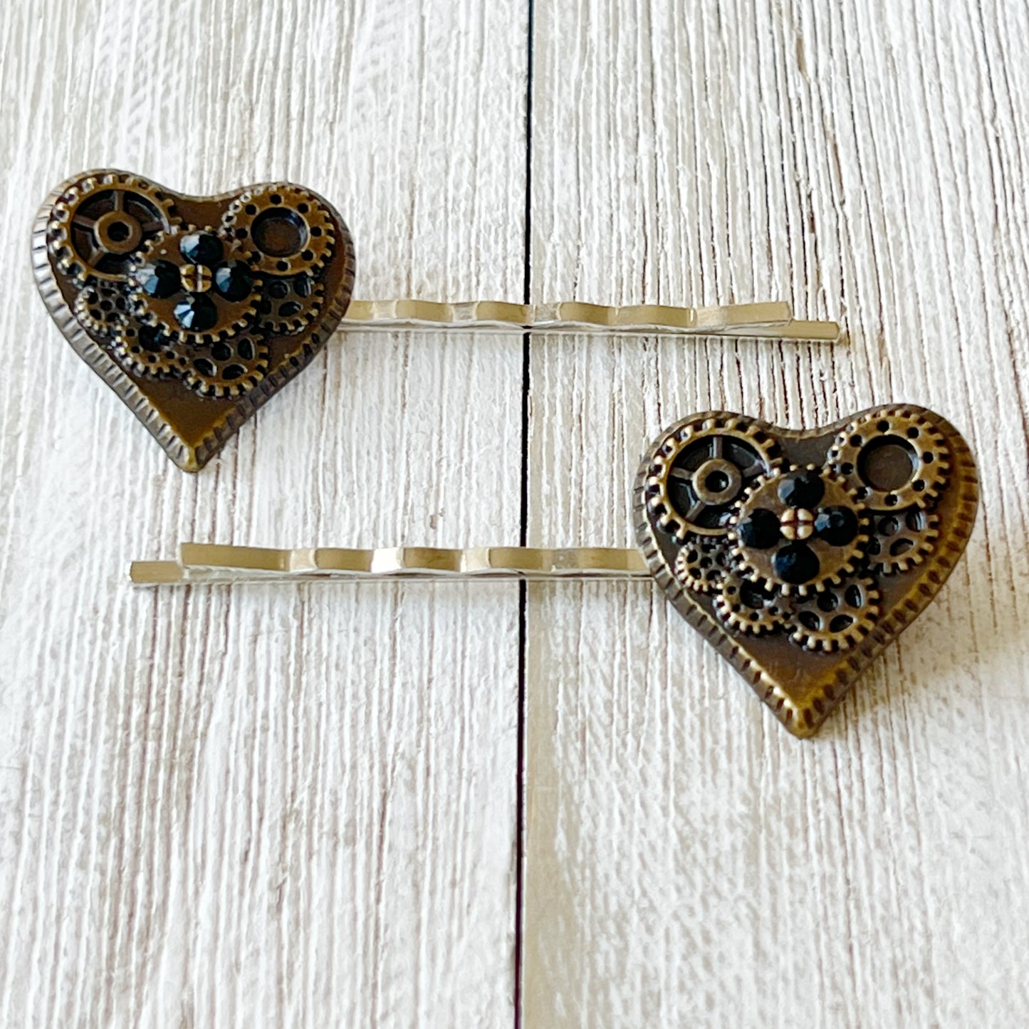 Steampunk Gear Hearts with Black Rhinestones Hair Pin