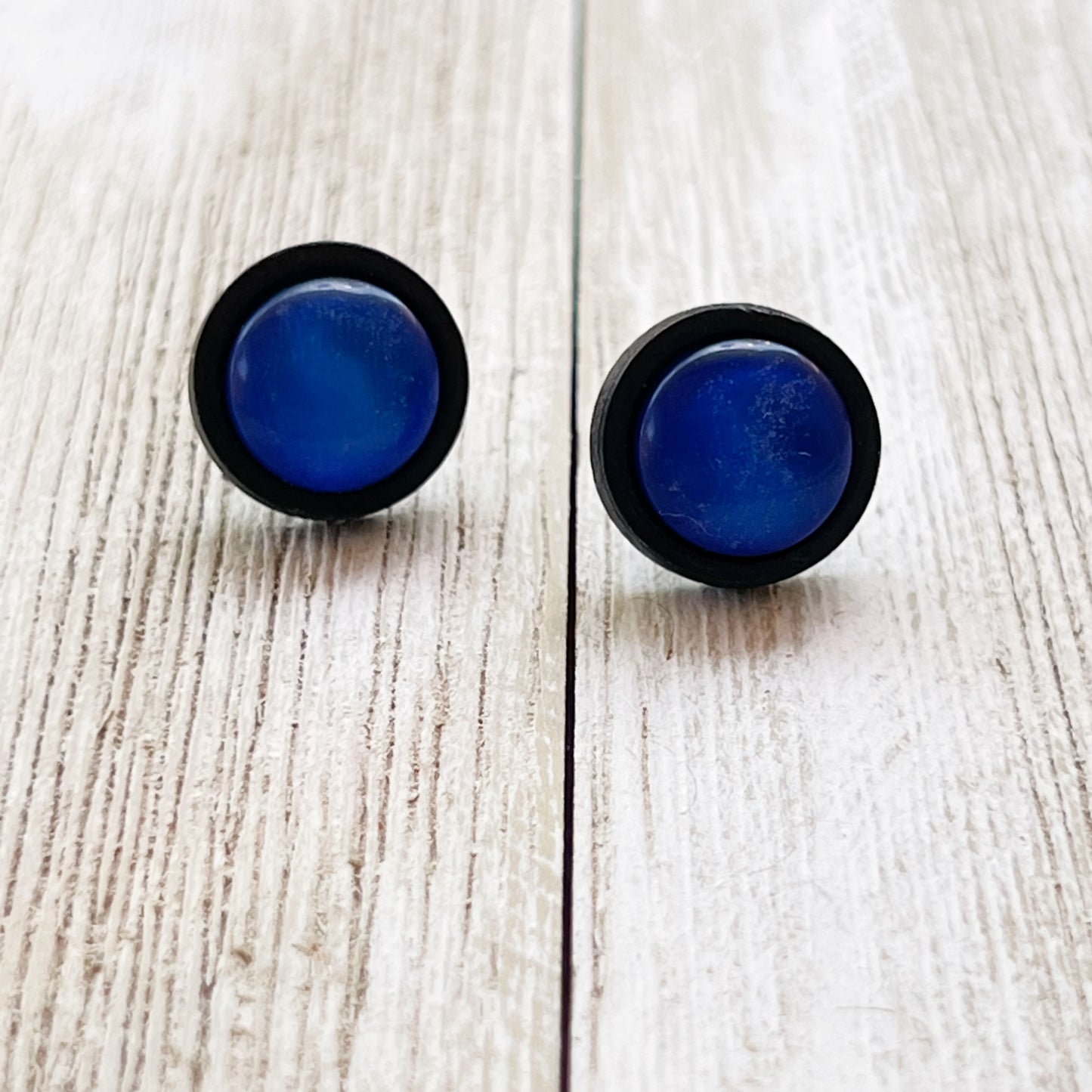 Blue Resin & Black Wood Unisex Stud Earrings - Stylish Contemporary Accessories