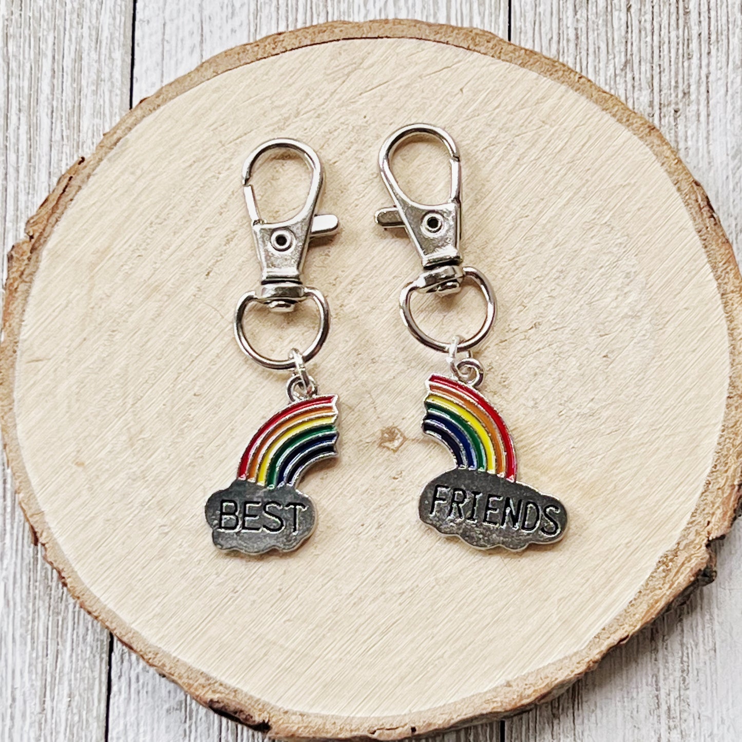 Rainbow Best Friends Zipper Pull Keychain Charm with Rhinestones