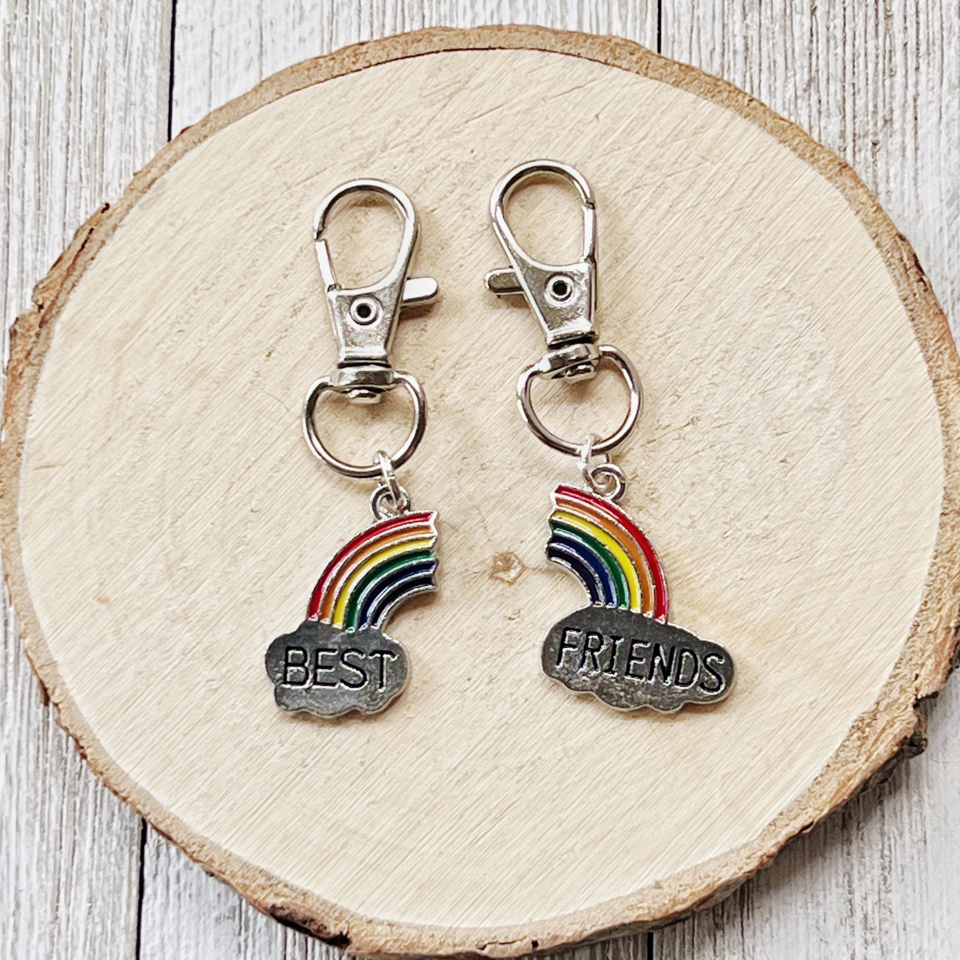 Rainbow Best Friends Zipper Pull Keychain Charm with Rhinestones