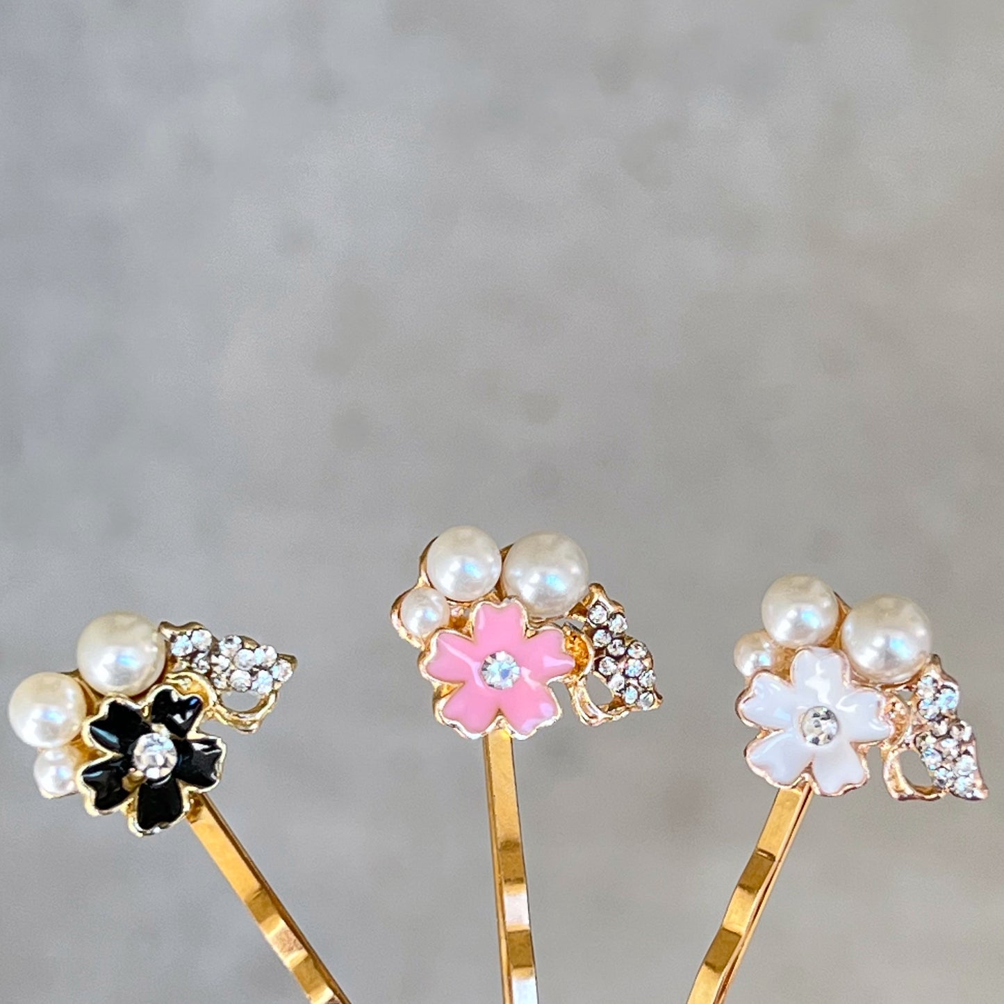 Black, White & Pink Enamel and Rhinestone Flower Hair Pins Set of 3 - Elegant and Versatile Hair Accessories