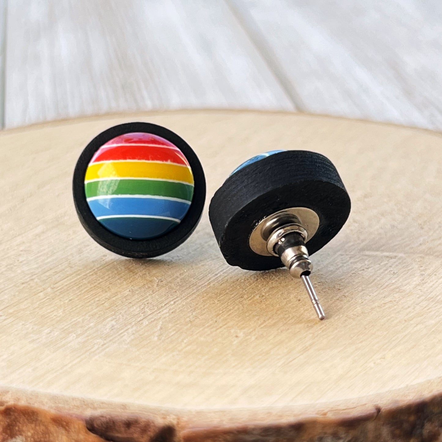 Rainbow Striped Black Wood Stud Earrings - Colorful and Unique Accessories