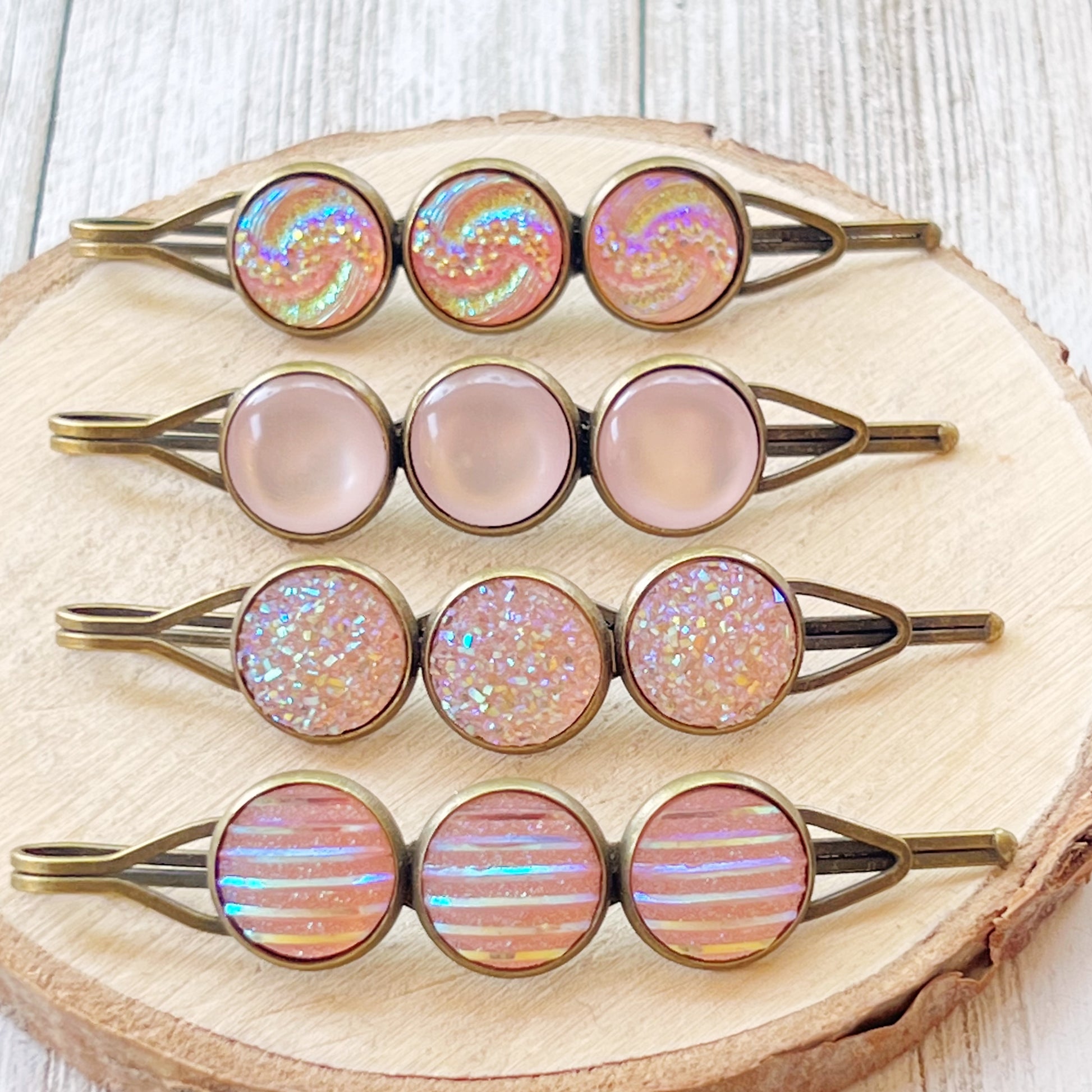 Pink Glitter Druzy Hair Pins - Set of 4 with Unique Pattern Designs