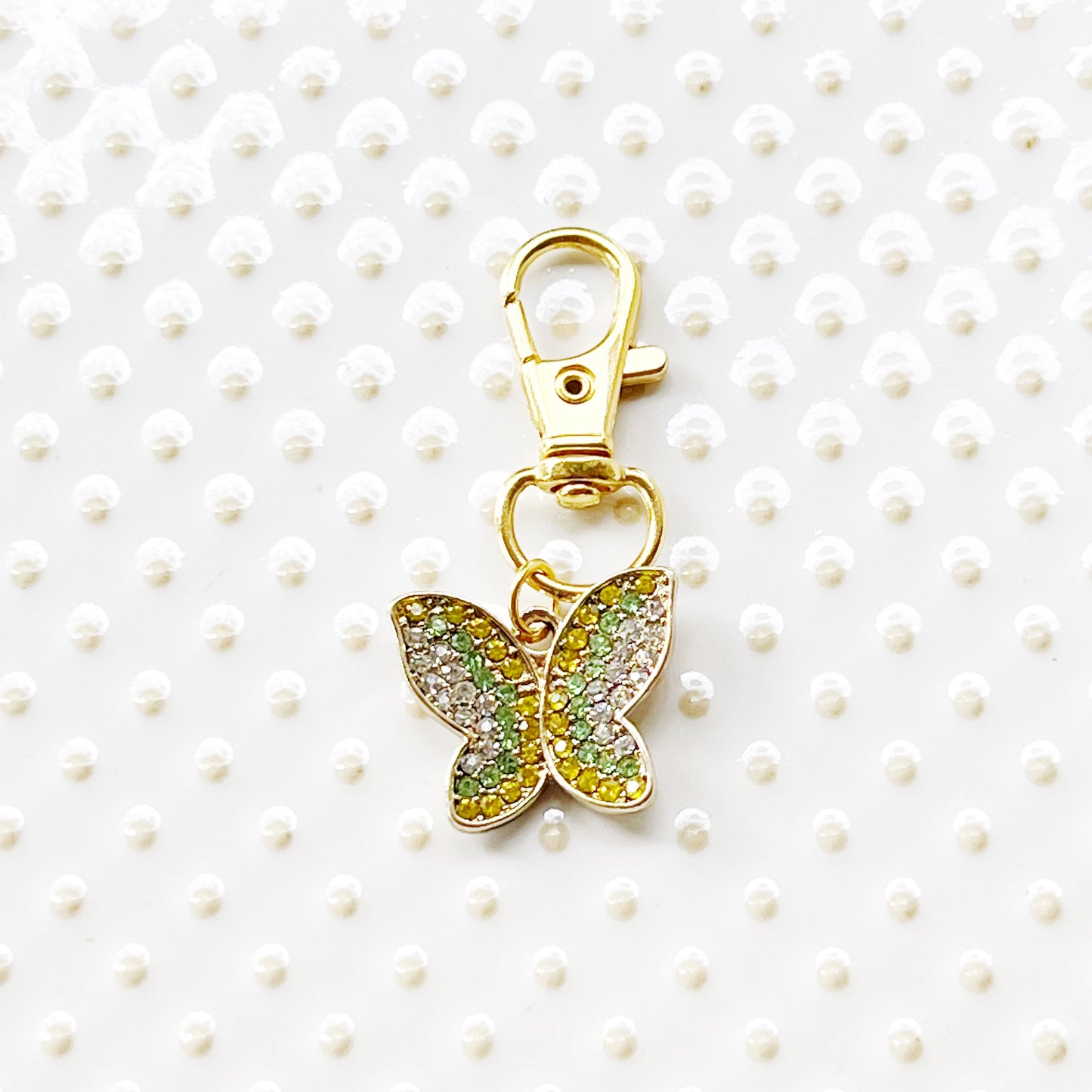 Yellow & Green Butterfly Zipper Pull Keychain Charm with Rhinestones - Stylish and Whimsical Accessory for Your Bag