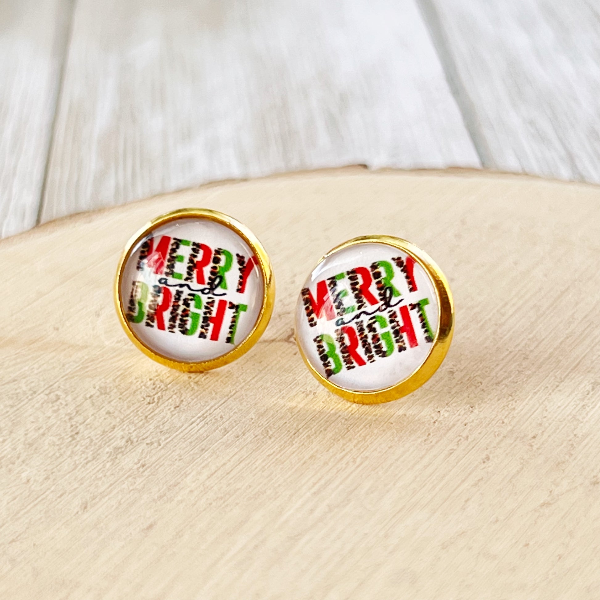 Merry & Bright Gold Christmas Stud Earrings - Festive Holiday Accessories