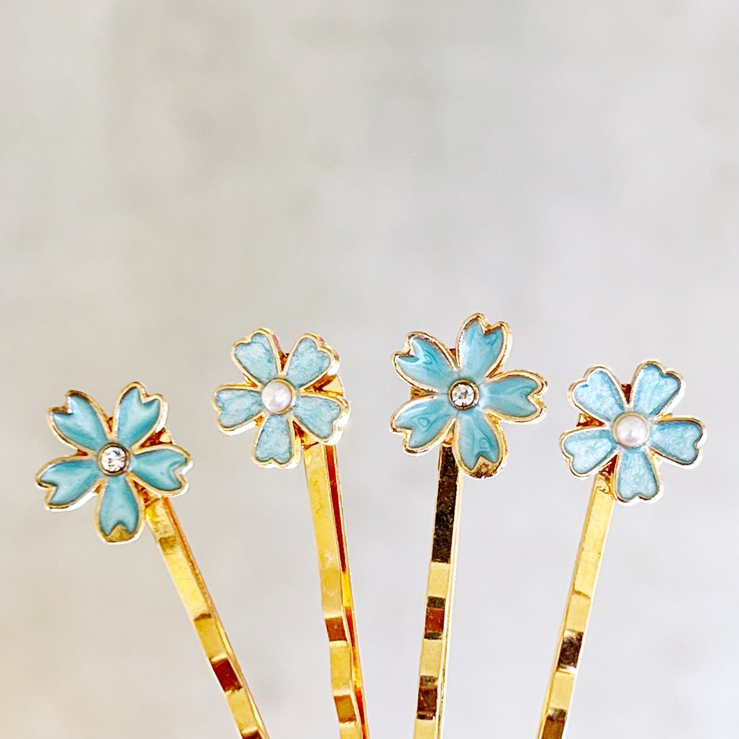 Blue Flower Hair Pins with Pearl & Rhinestone Accents - Set of 4 Elegant Accessories