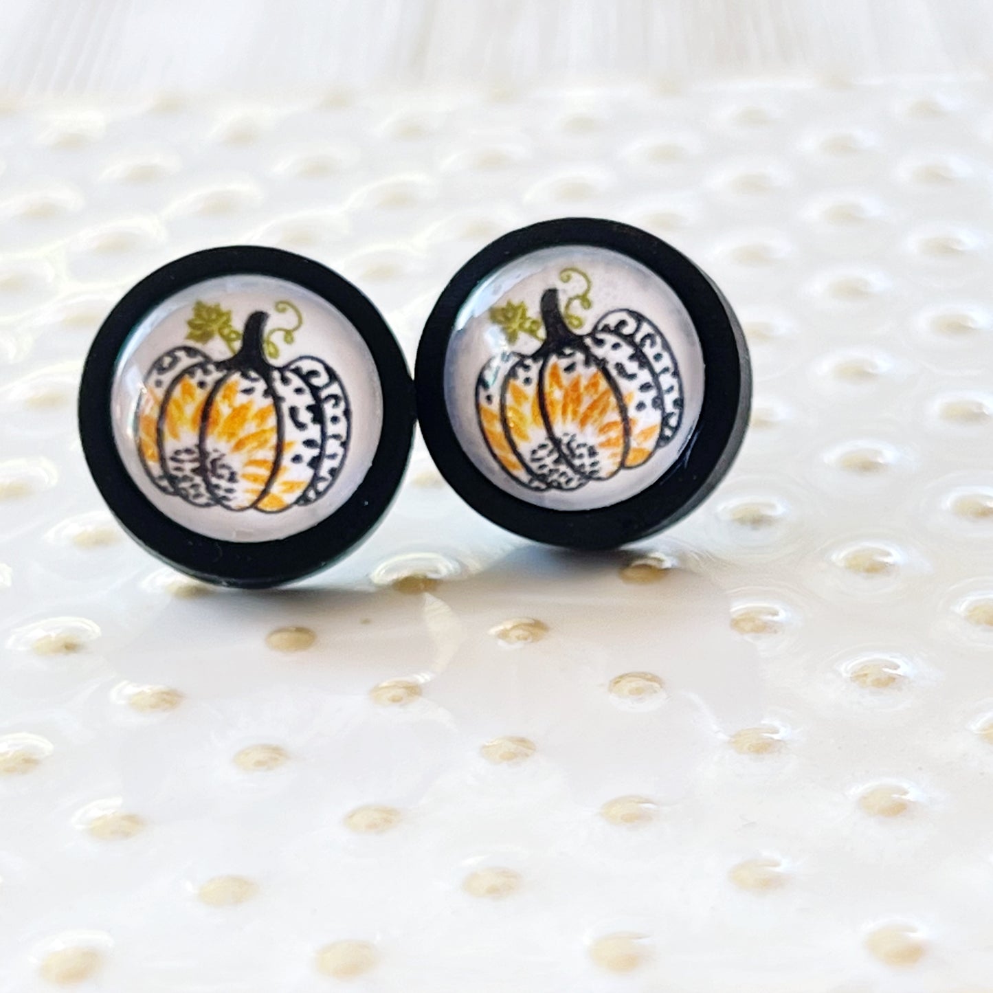 Pumpkin & Sunflower Black Wood Stud Earrings: Unique Autumnal Accents for Your Style