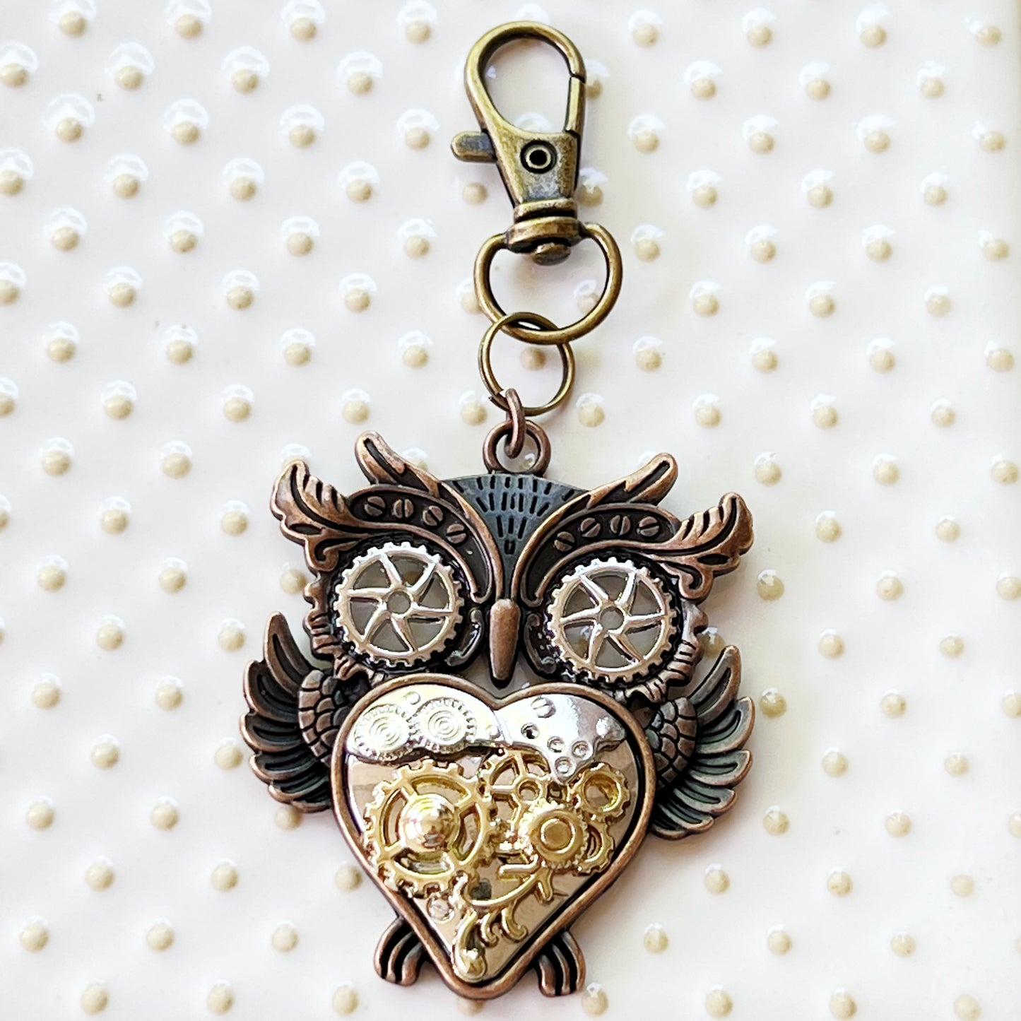 Steampunk Owl Zipper Pull Keychain Purse Charm with Gear Accents