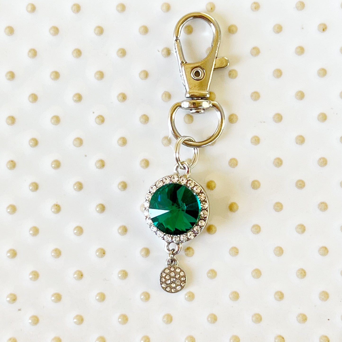 Green Zipper Pull Keychain Charm with Rhinestones