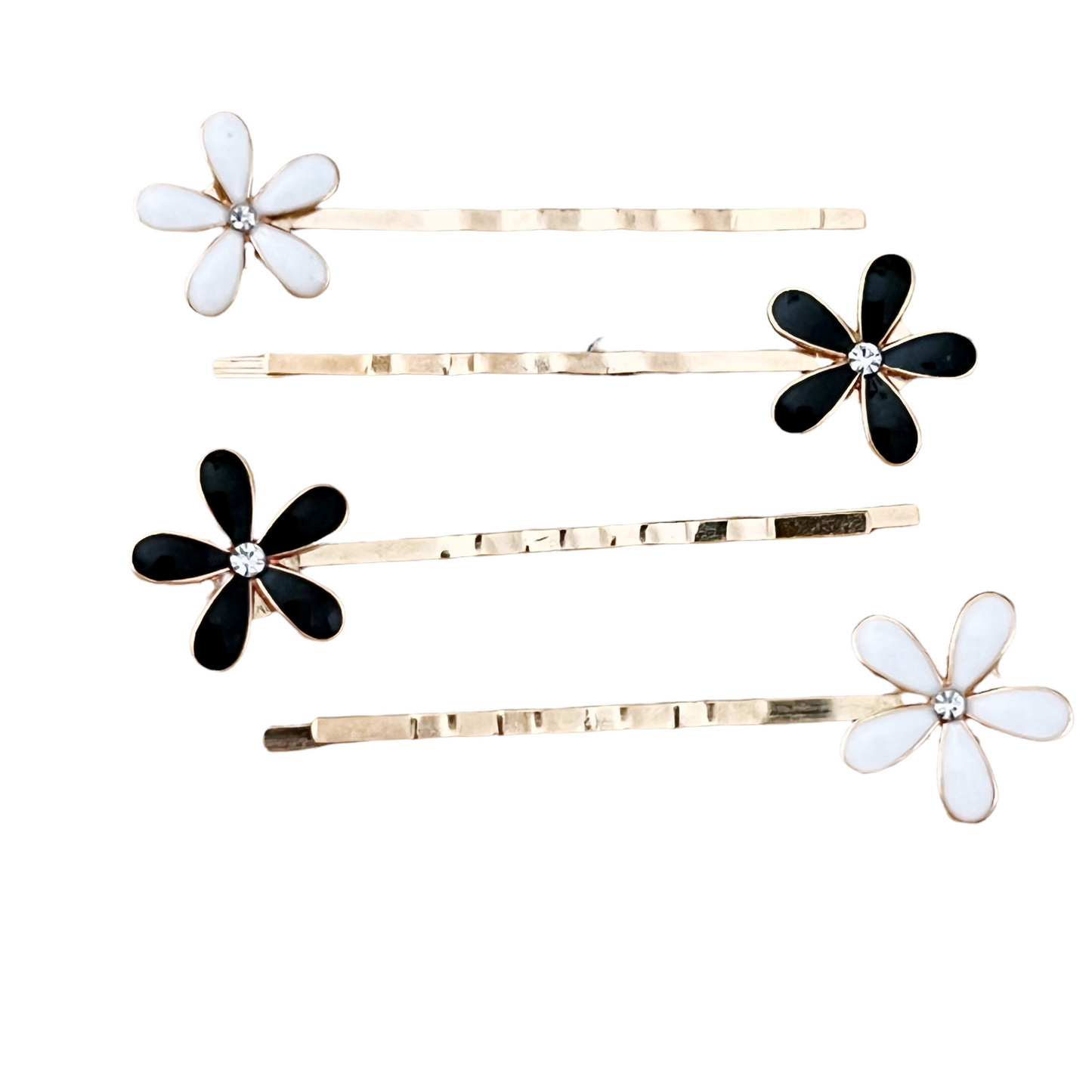 Black & White Enamel Rhinestone Flower Hair Pins - Elegant Floral Hair Accessories