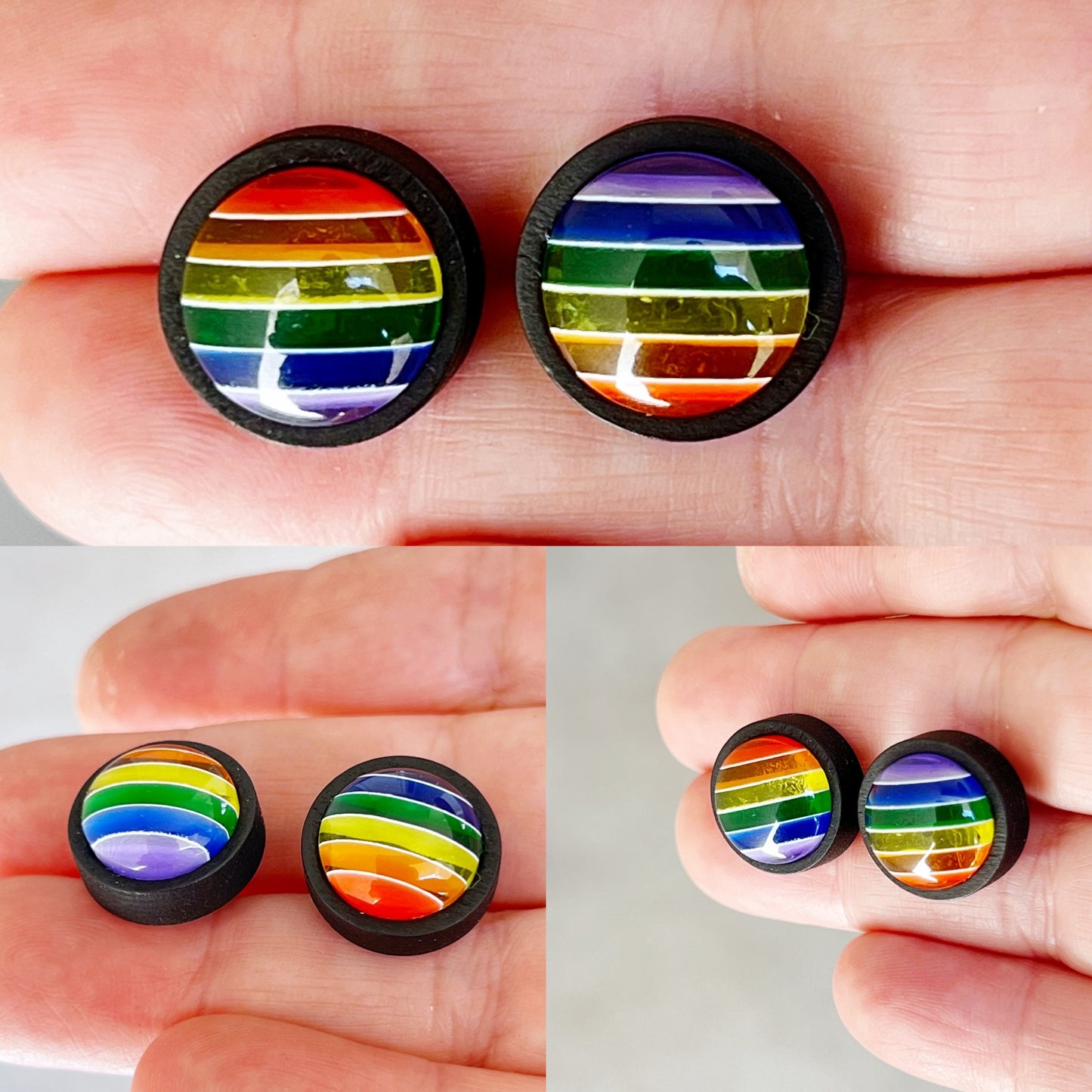 Rainbow Striped Black Wood Stud Earrings - Colorful and Unique Accessories