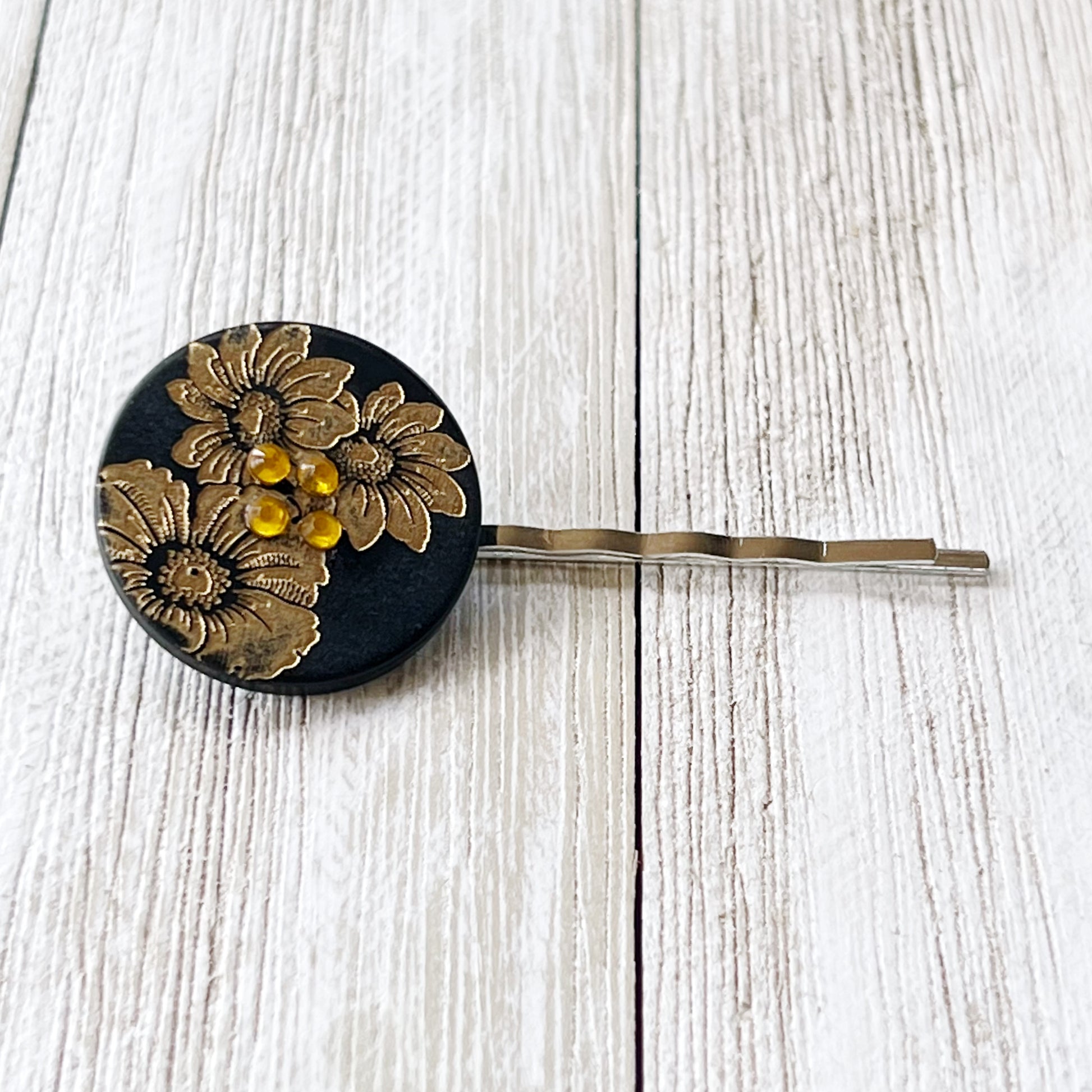 Black & Gold Sunflower Silver Bobby Pin - Elegant Floral Hair Accessory