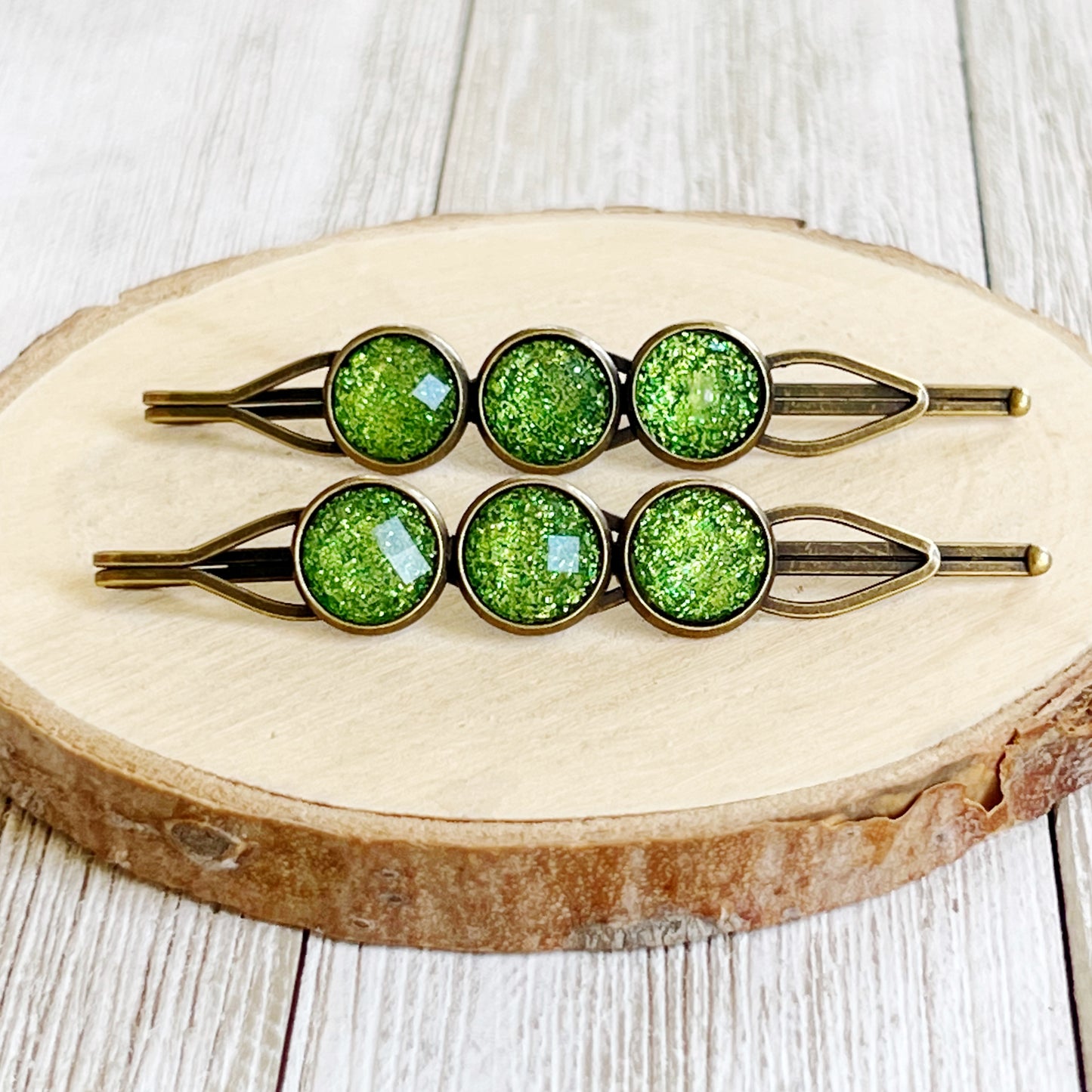 Patterned Green Glitter Acrylic Hair Pins - Sparkling Hair Accessories with Style