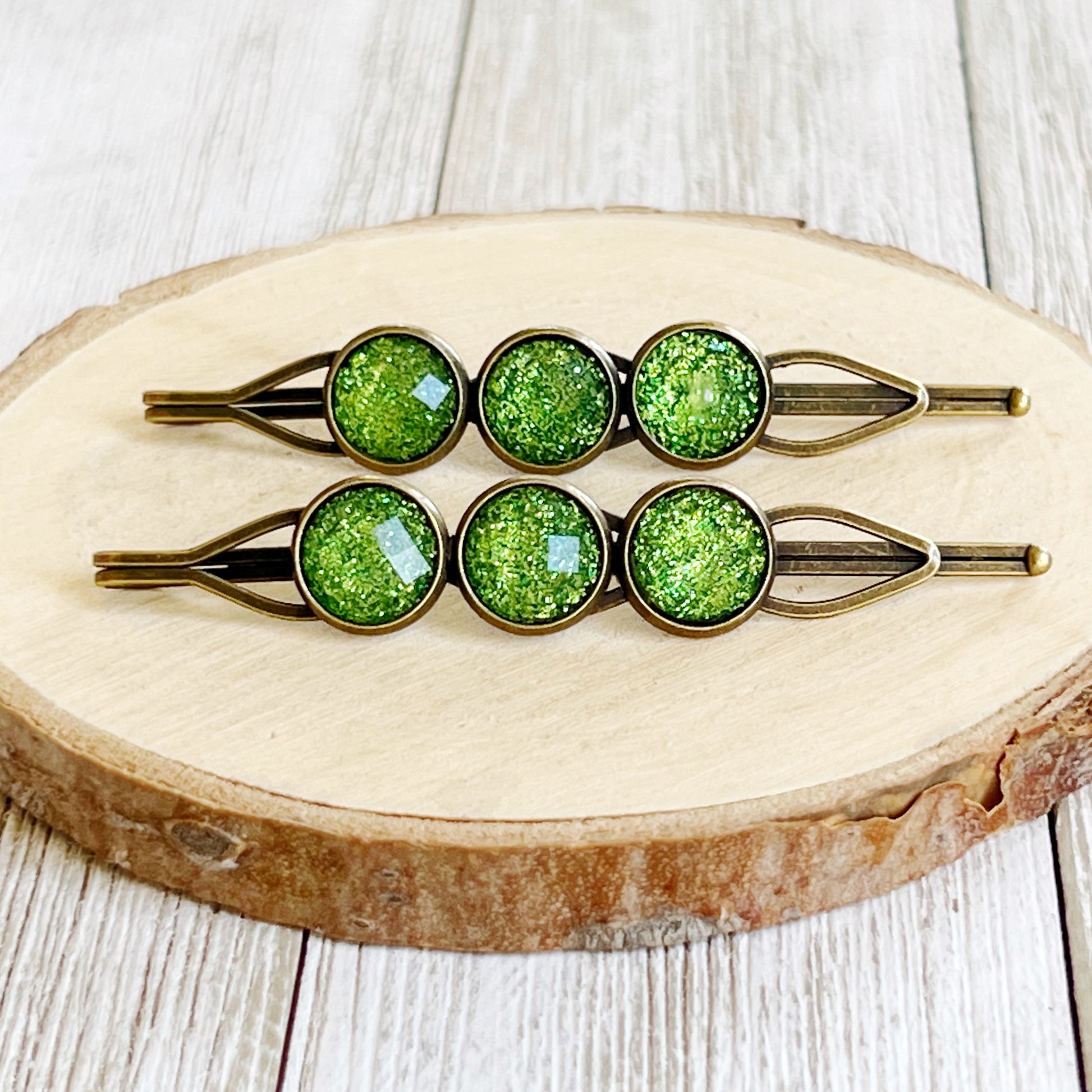 Patterned Green Glitter Acrylic Hair Pins - Sparkling Hair Accessories with Style