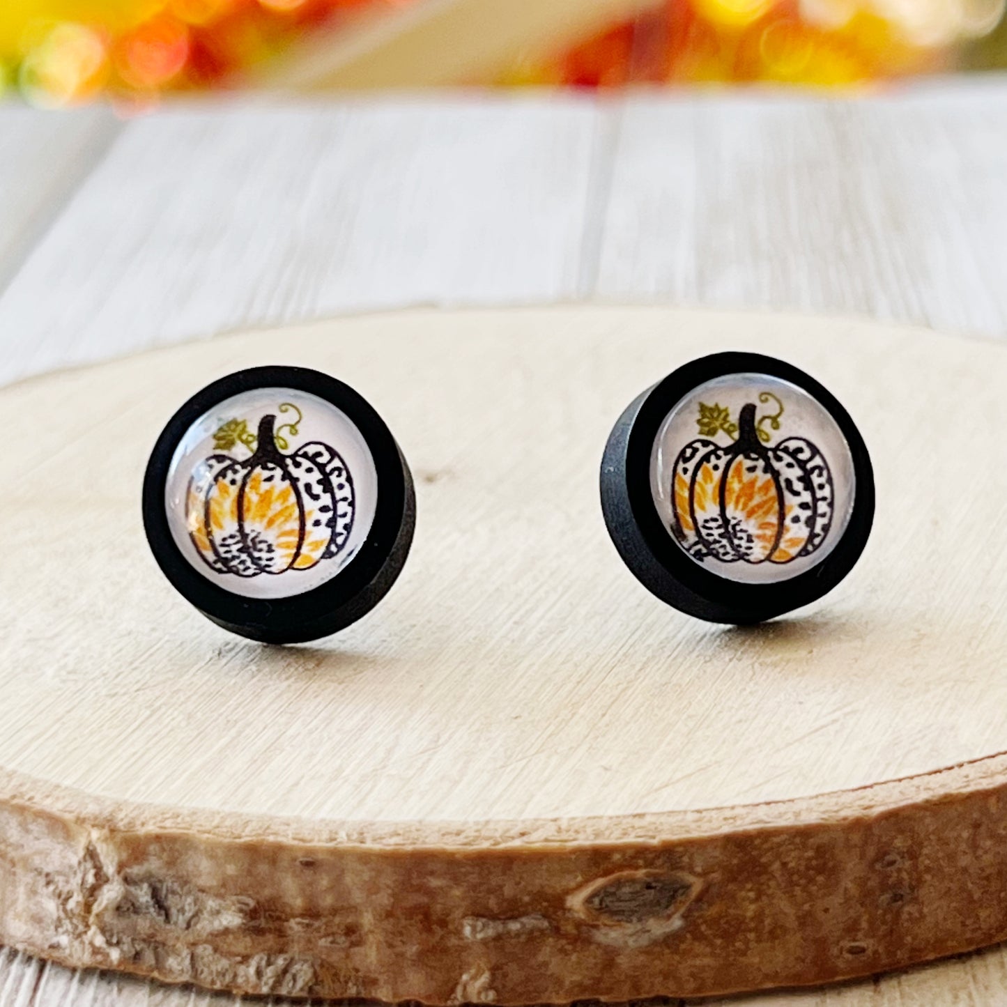 Pumpkin & Sunflower Black Wood Stud Earrings: Unique Autumnal Accents for Your Style