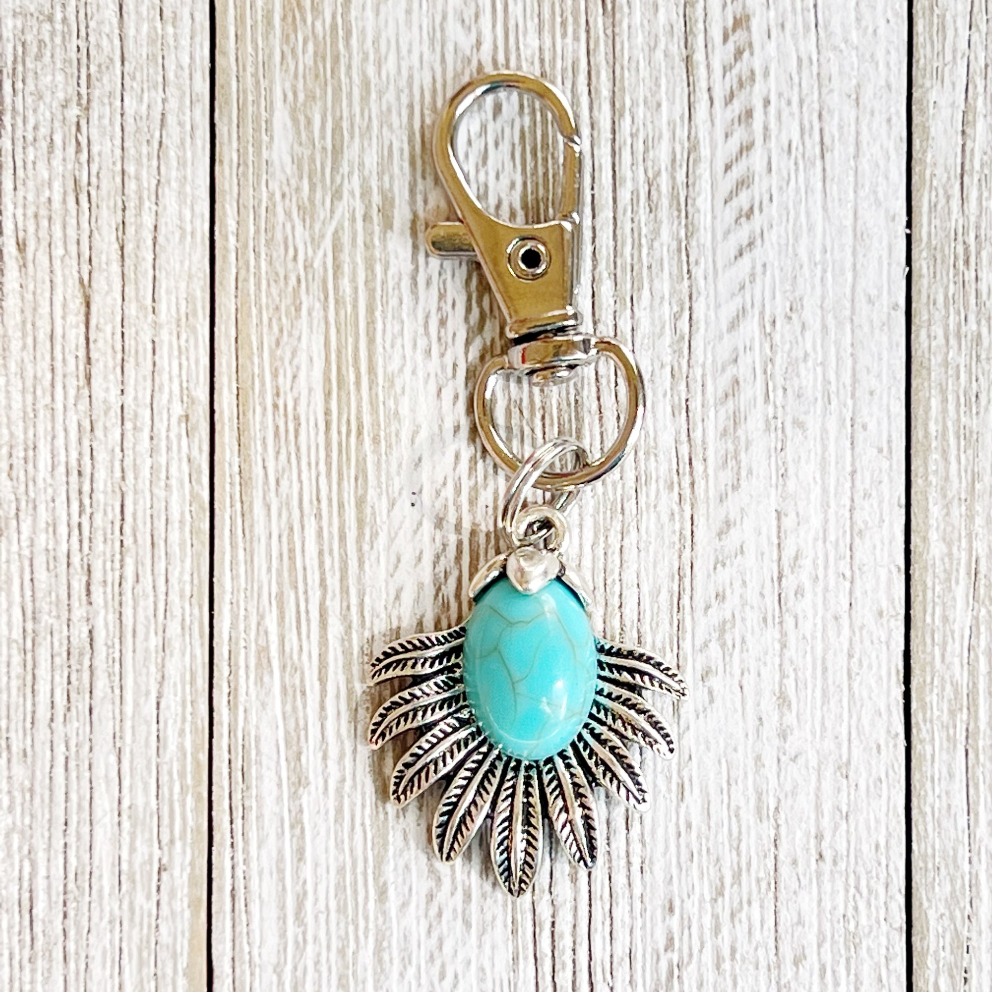 Western Zipper Pull Keychain Purse Charm: Turquoise & Silver Feather Medallion Accent