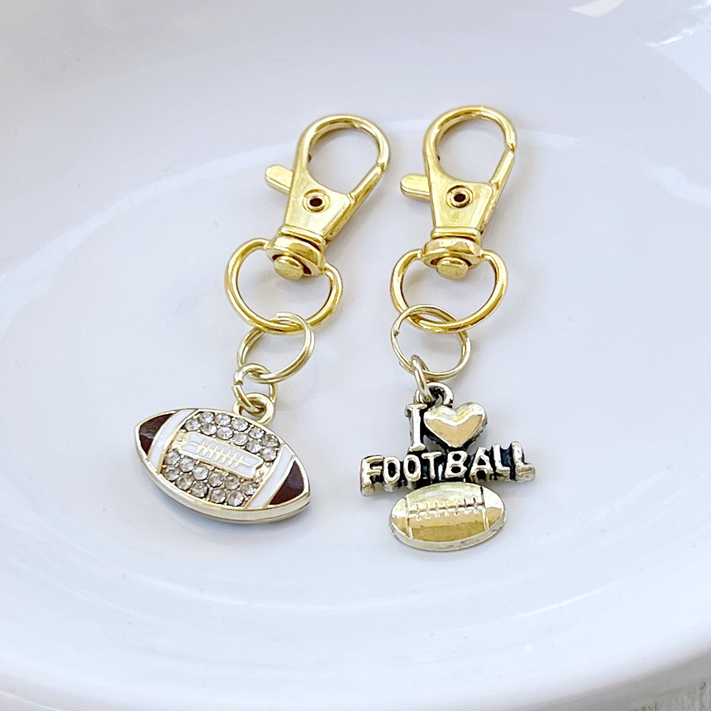 I Love Football Zipper Pull Keychain Charm with Rhinestones