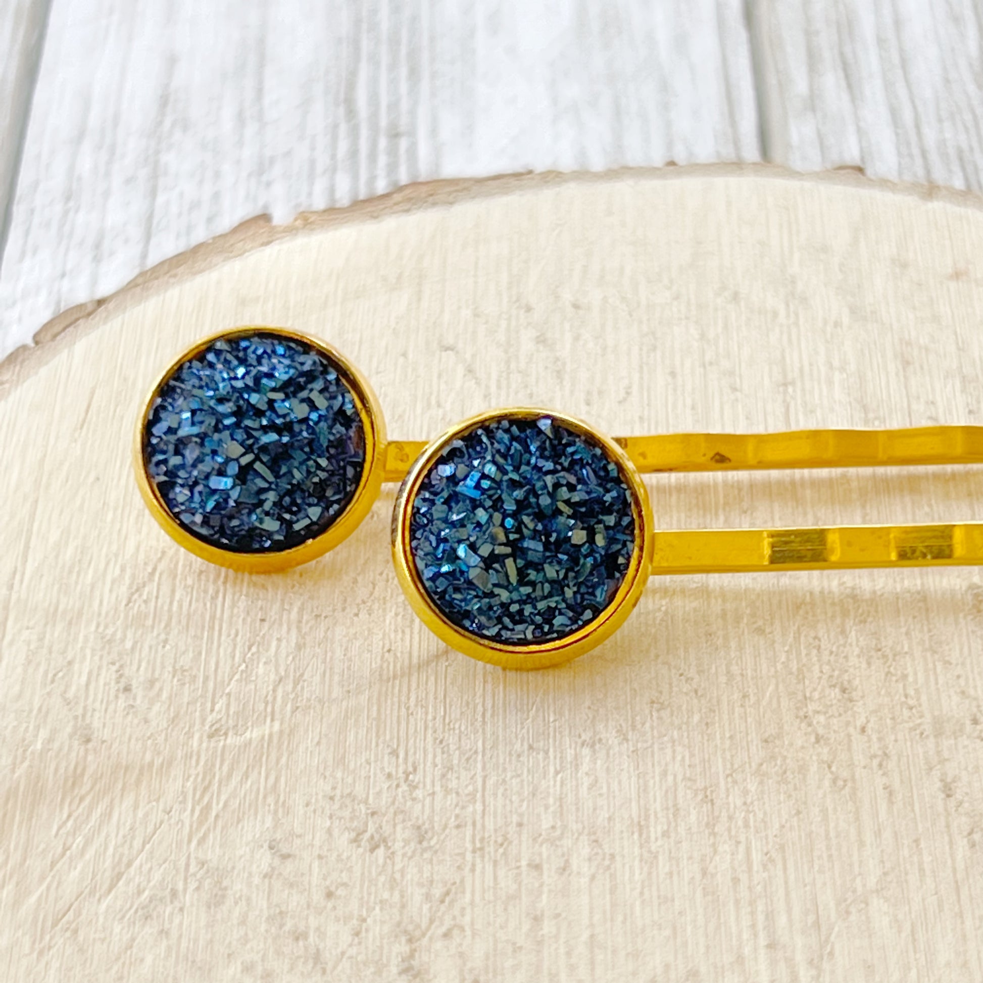 Cobalt Blue Druzy Gold Hair Pins