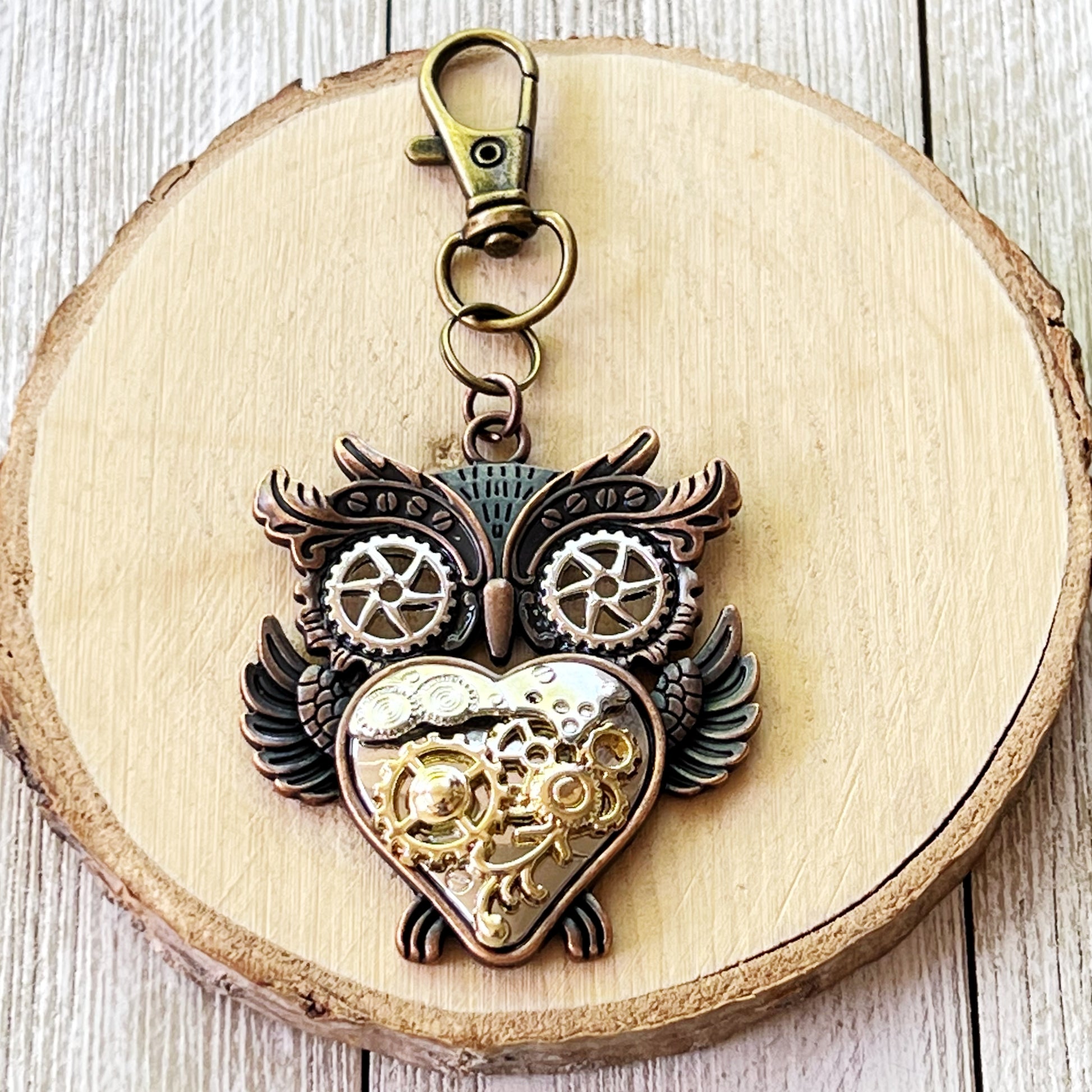 Steampunk Owl Zipper Pull Keychain Purse Charm with Gear Accents