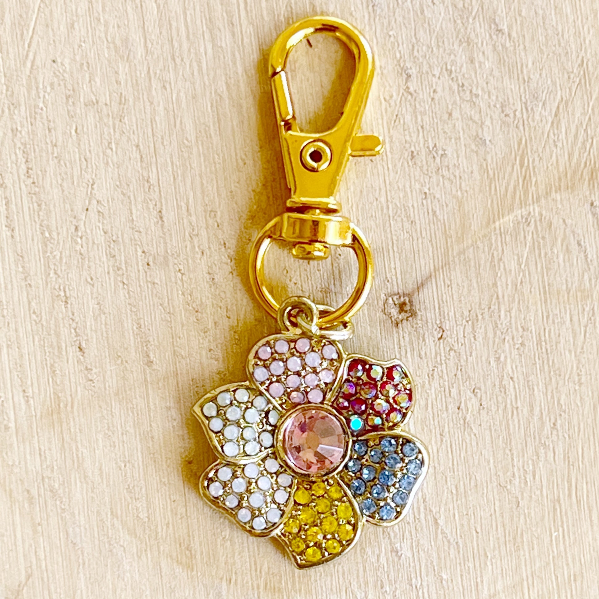 Flower Zipper Pull Keychain Charm with Rhinestones