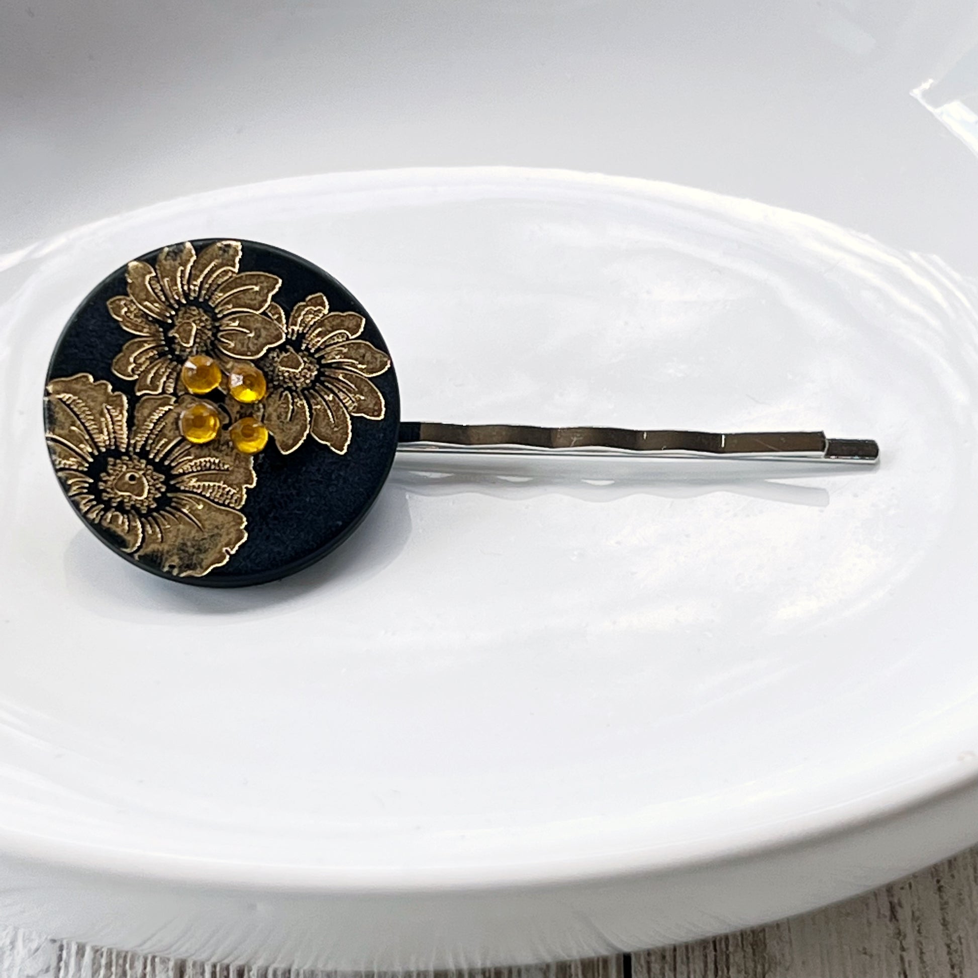 Black & Gold Sunflower Silver Bobby Pin - Elegant Floral Hair Accessory