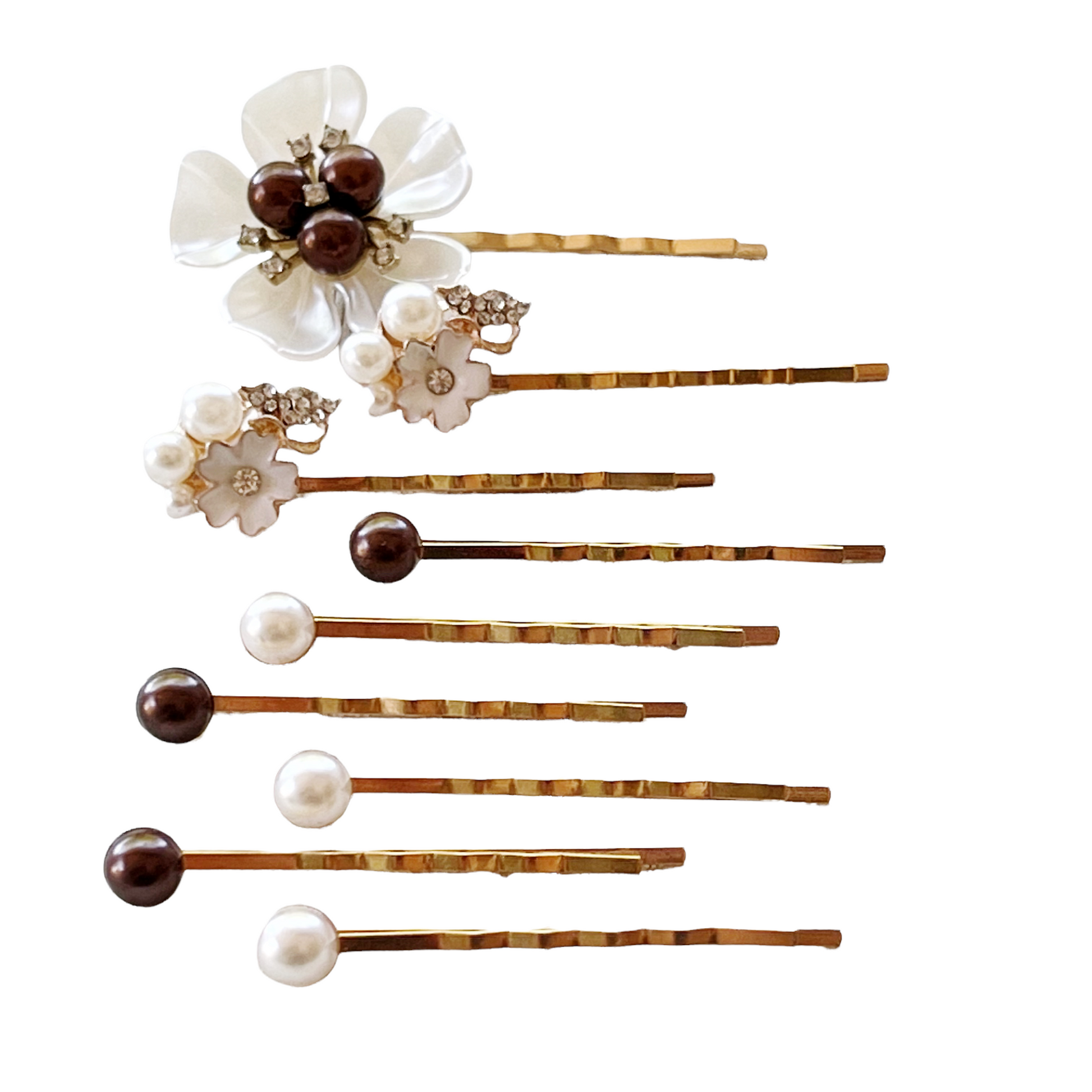 Brown Pearl Bridal Hair Pins Set - Wedding Hair Jewelry for Bride | White Floral, Pearl & Rhinestone Accessories for Elegant Hairstyles