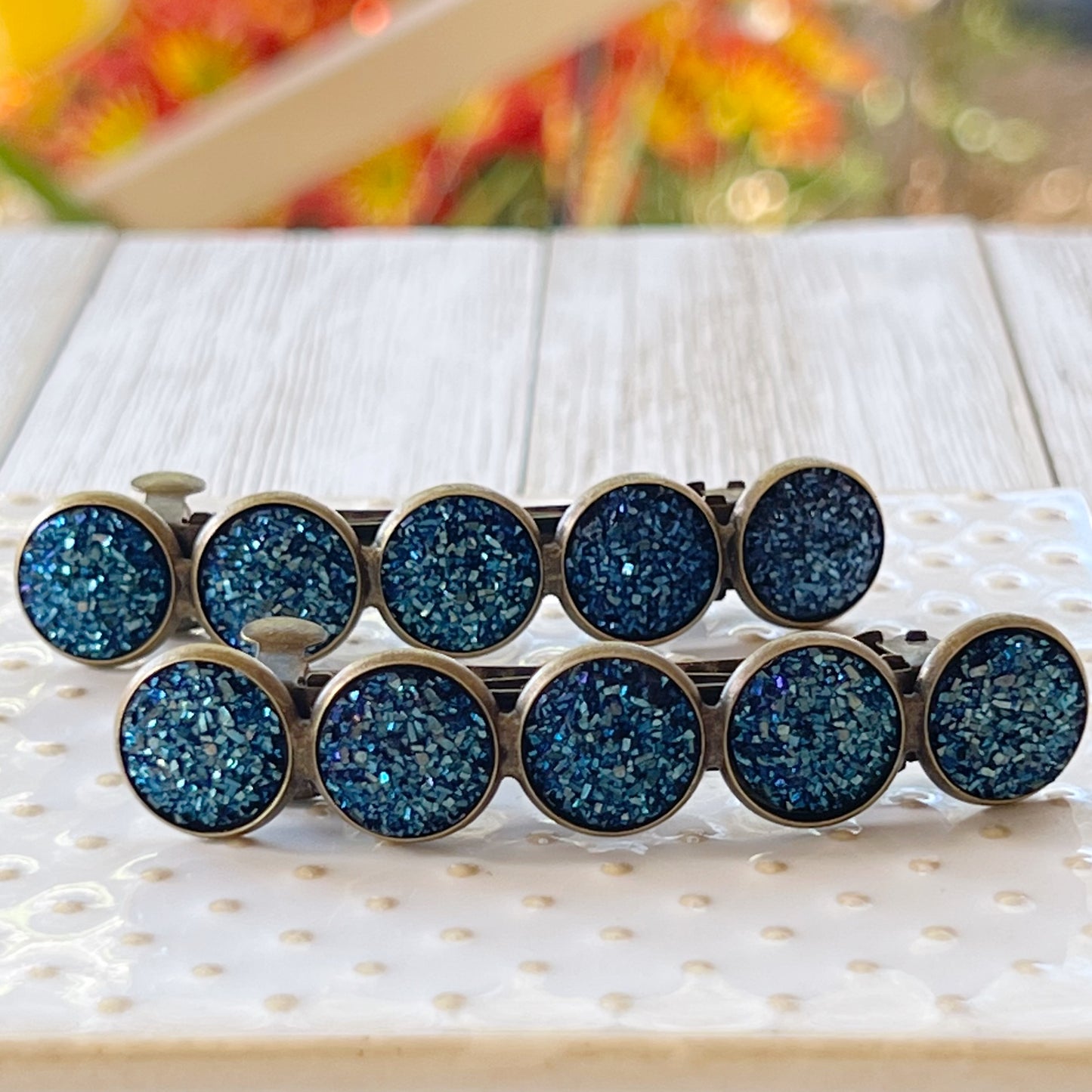 Cobalt Blue Druzy Brass Hair Clips