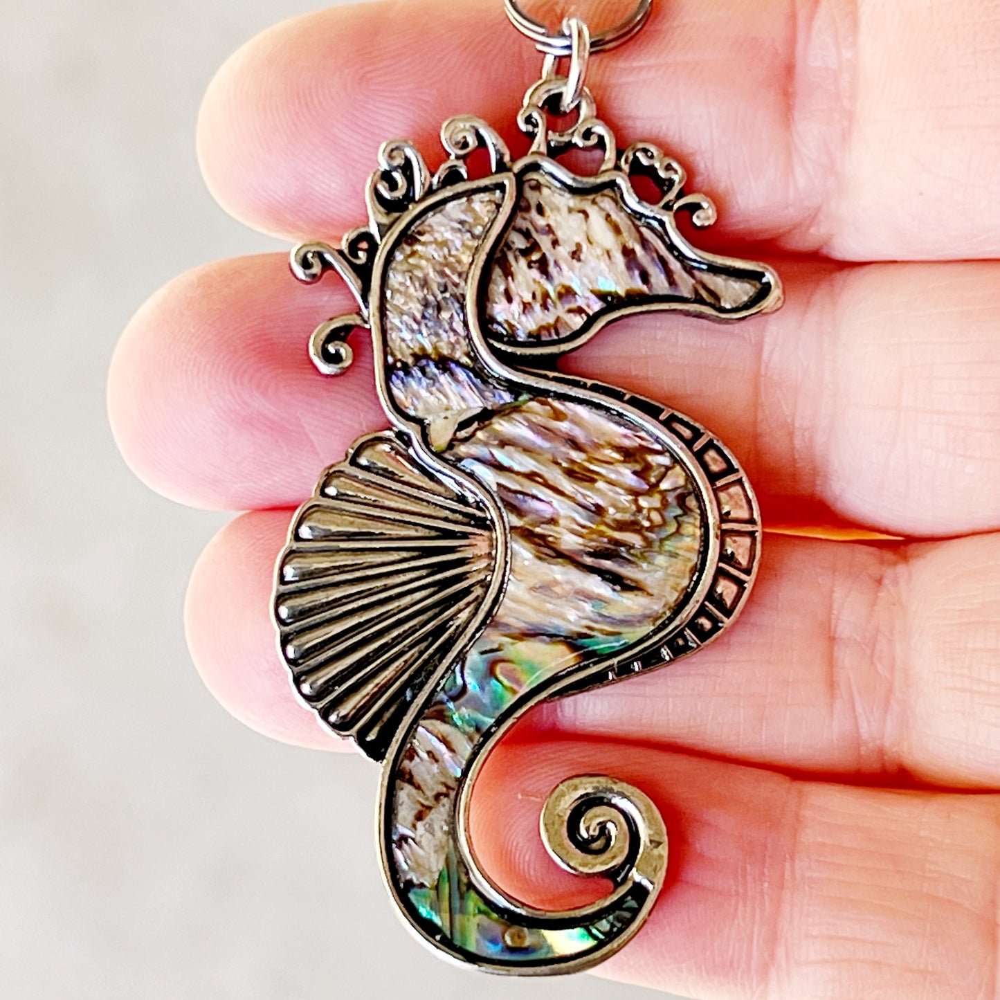 Seahorse Zipper Pull Keychain Charm with Natural Abalone: Coastal Elegance for Your Purse