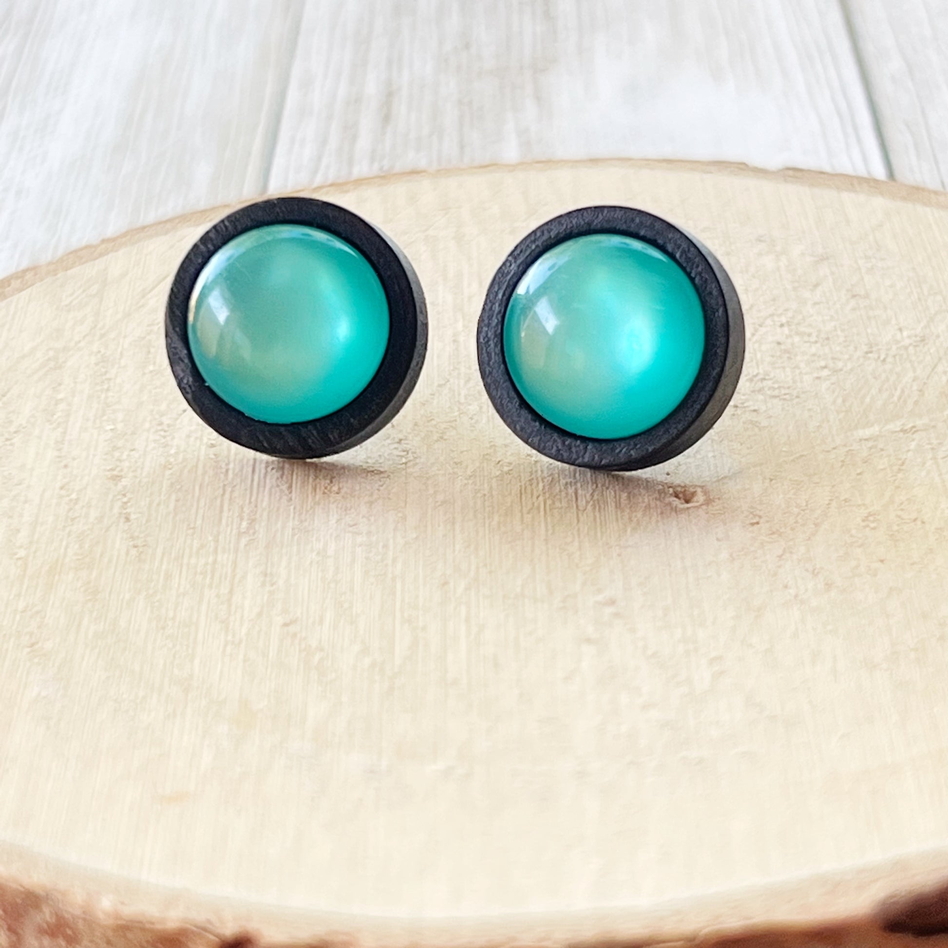 Natural Black Wood Blue Glass Stainless Steel Unisex Stud Earrings