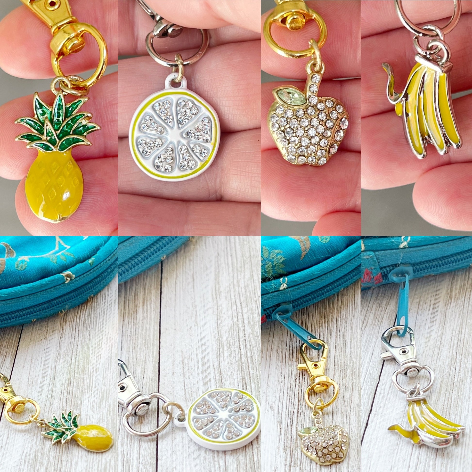 Fruit Zipper Pull Keychain Charm with Rhinestones