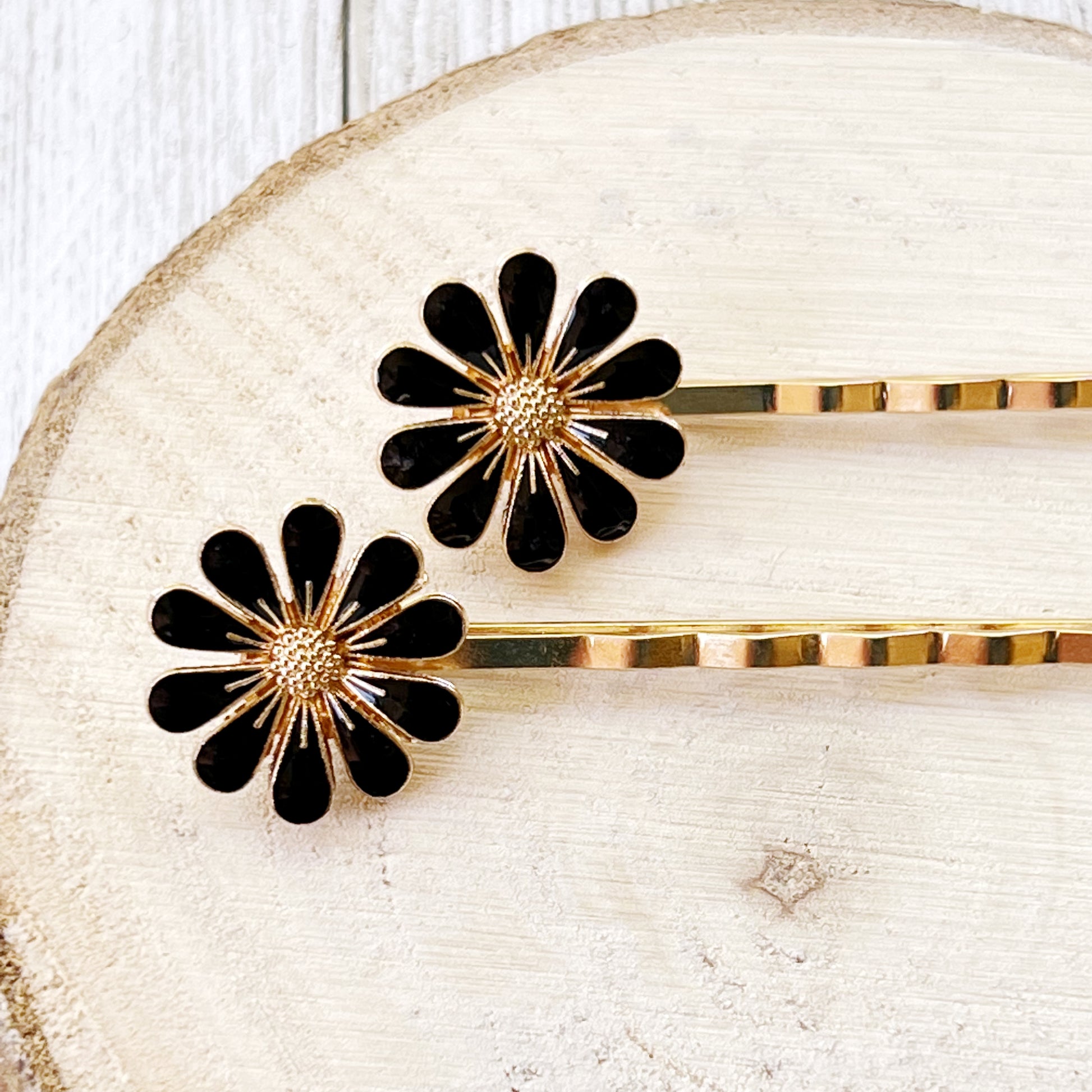 Black Enamel Flower Decorative Gold Hair Pins - Elegant Floral Hair Accessories