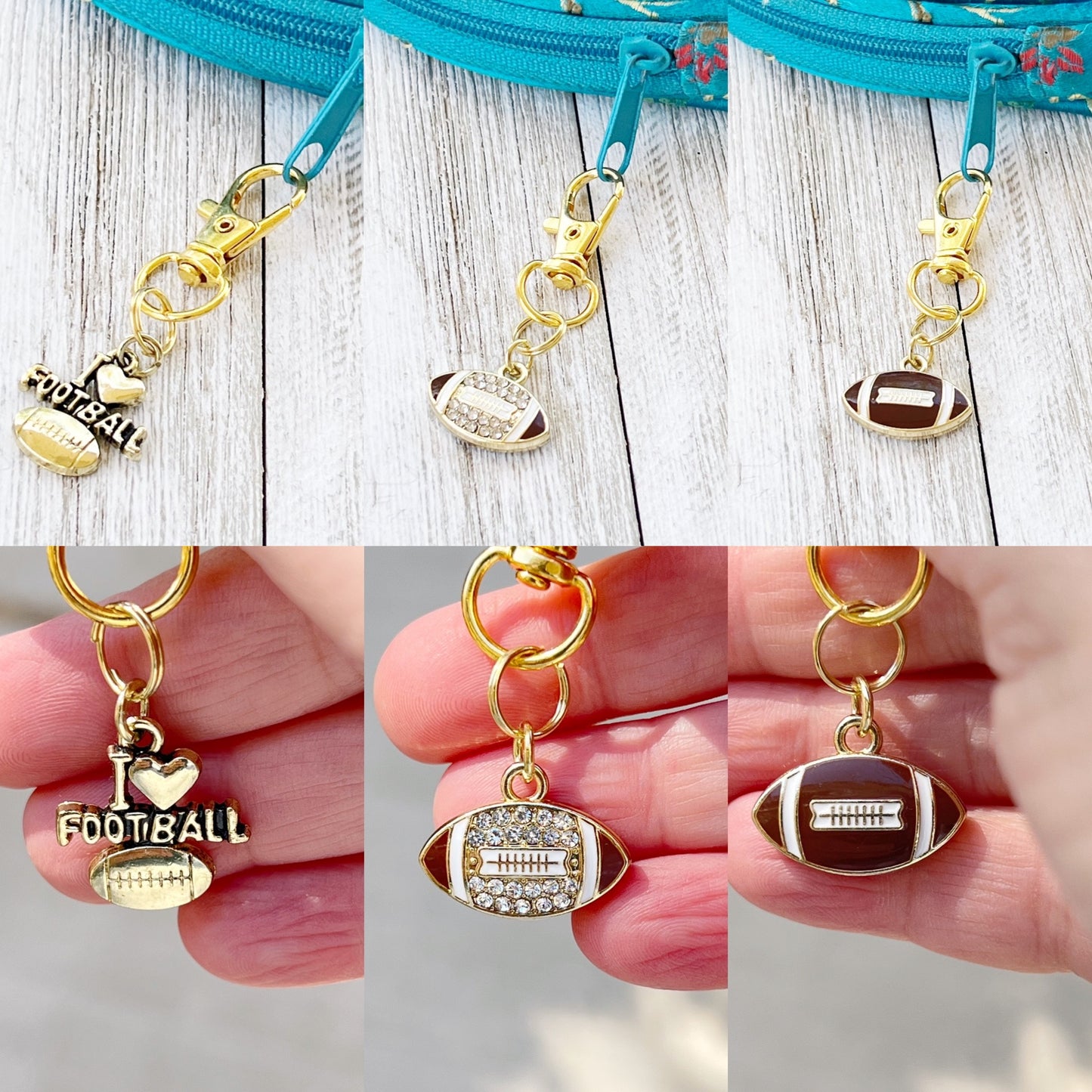 I Love Football Zipper Pull Keychain Charm with Rhinestones