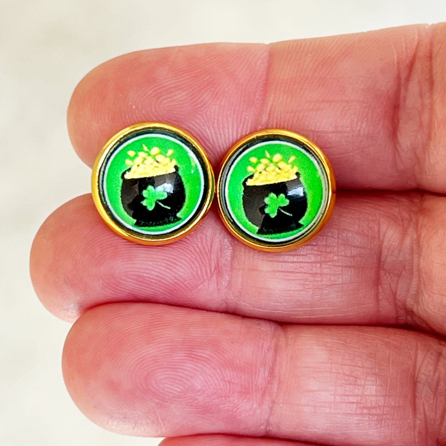 Gold Stud Earrings: Lucky Pot of Gold Design for St. Patrick's Day Charm