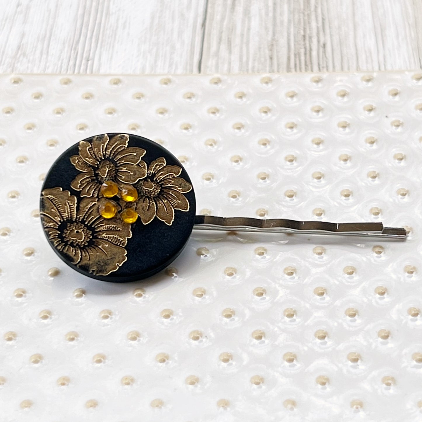 Black & Gold Sunflower Silver Bobby Pin - Elegant Floral Hair Accessory