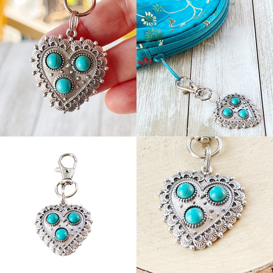 Turquoise Silver Heart Western Zipper Handbag Charm