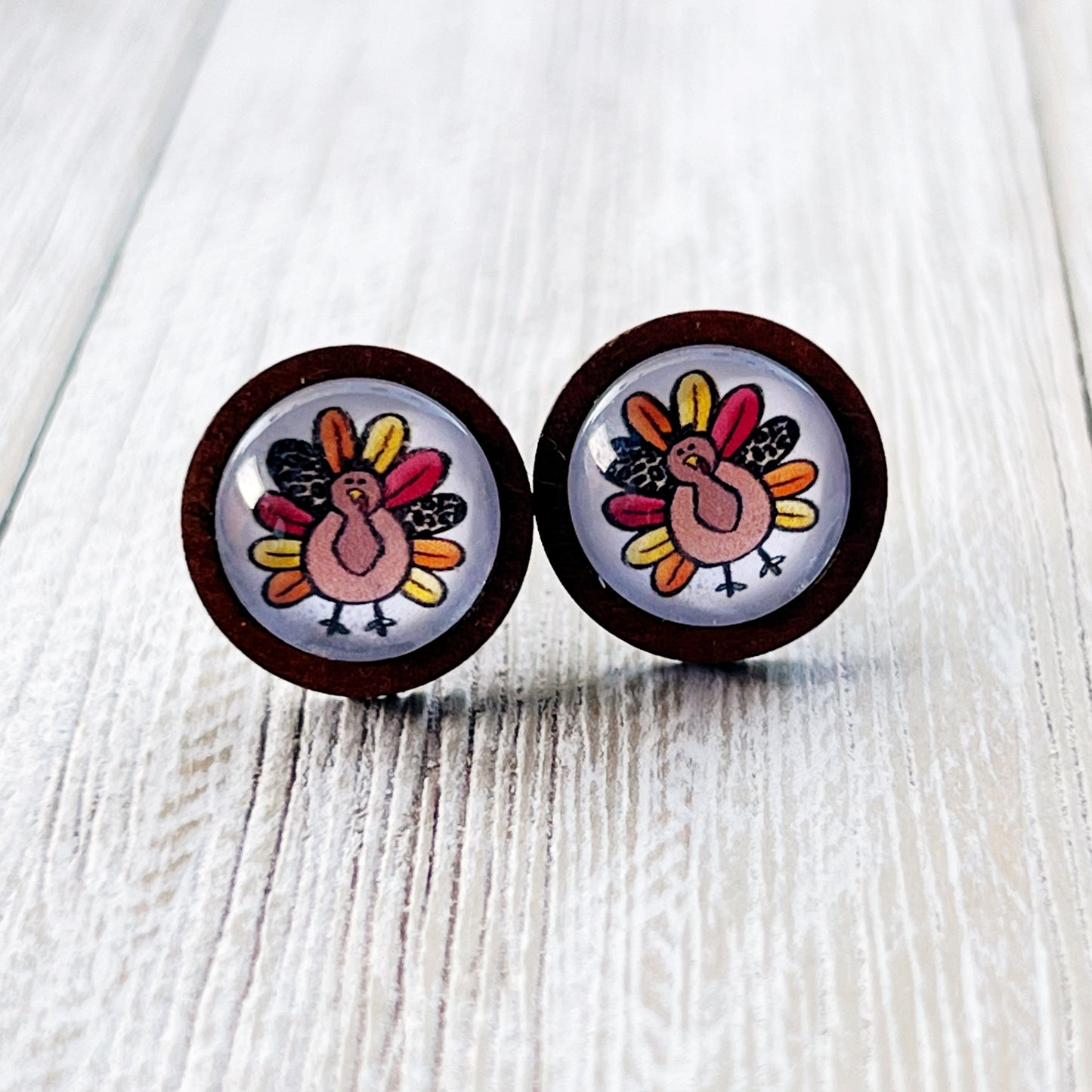 Thanksgiving Turkey Wood Stainless Steel Stud Earring