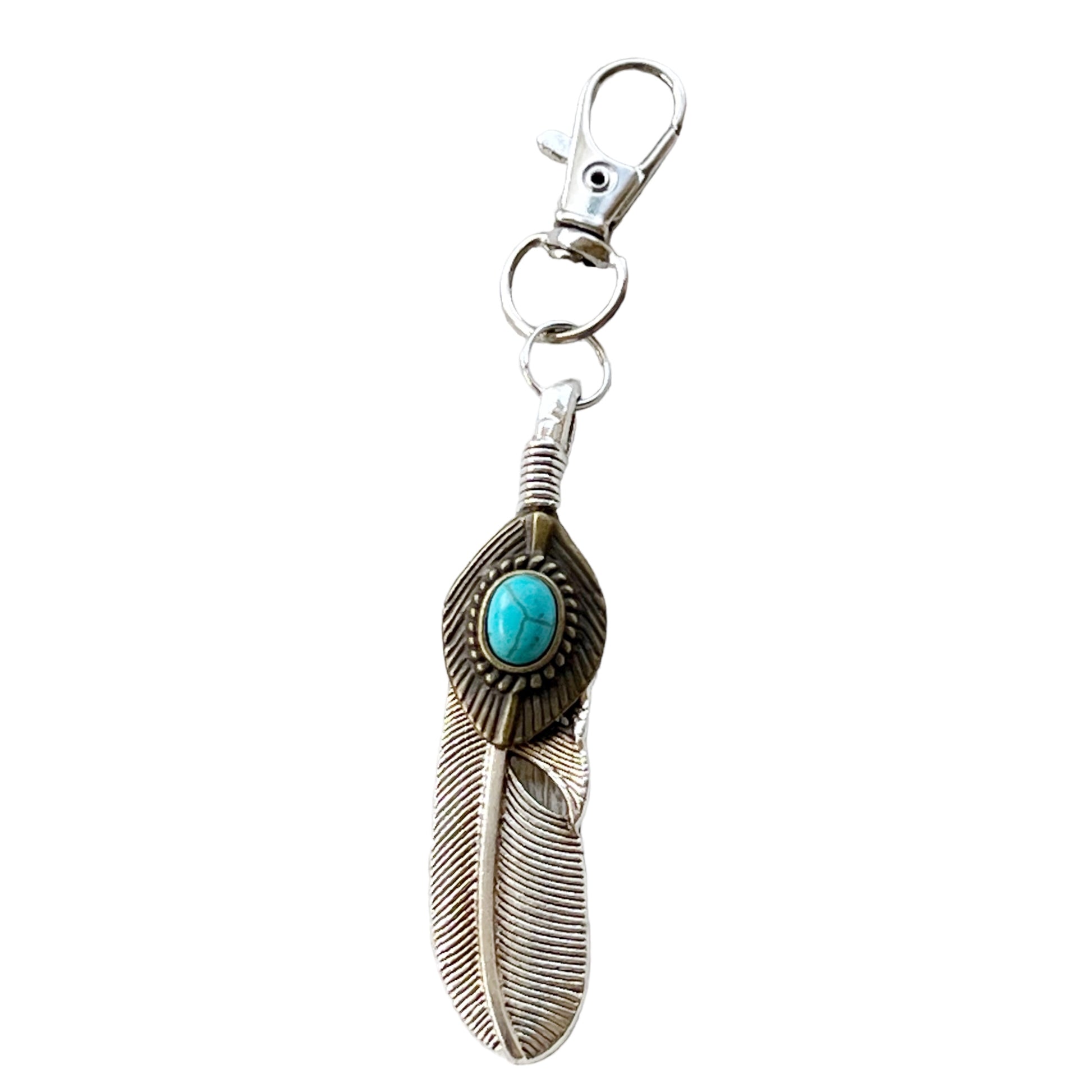 Turquoise Silver Feather Western Zipper Pull Keychain Charm