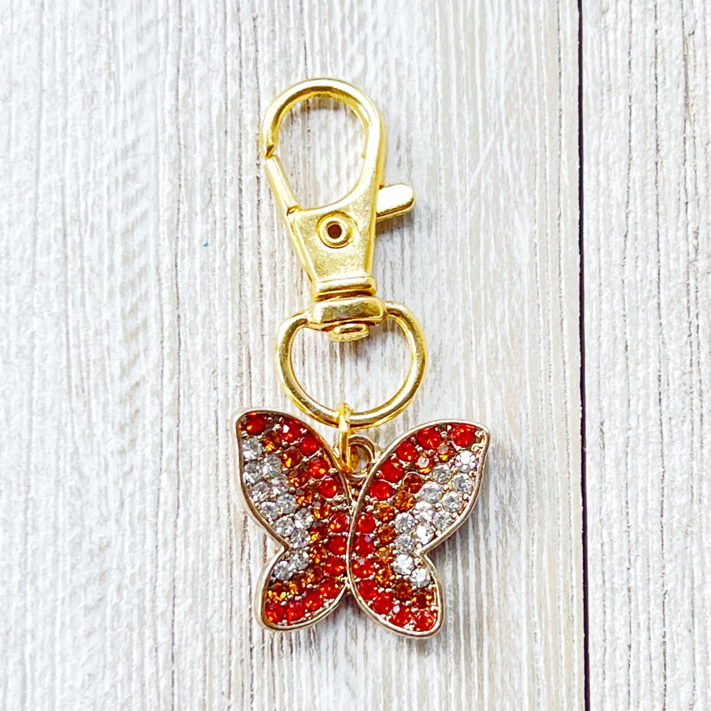 Red & Orange Butterfly Zipper Pull Keychain Charm with Rhinestones - Stylish and Whimsical Accessory for Your Bag