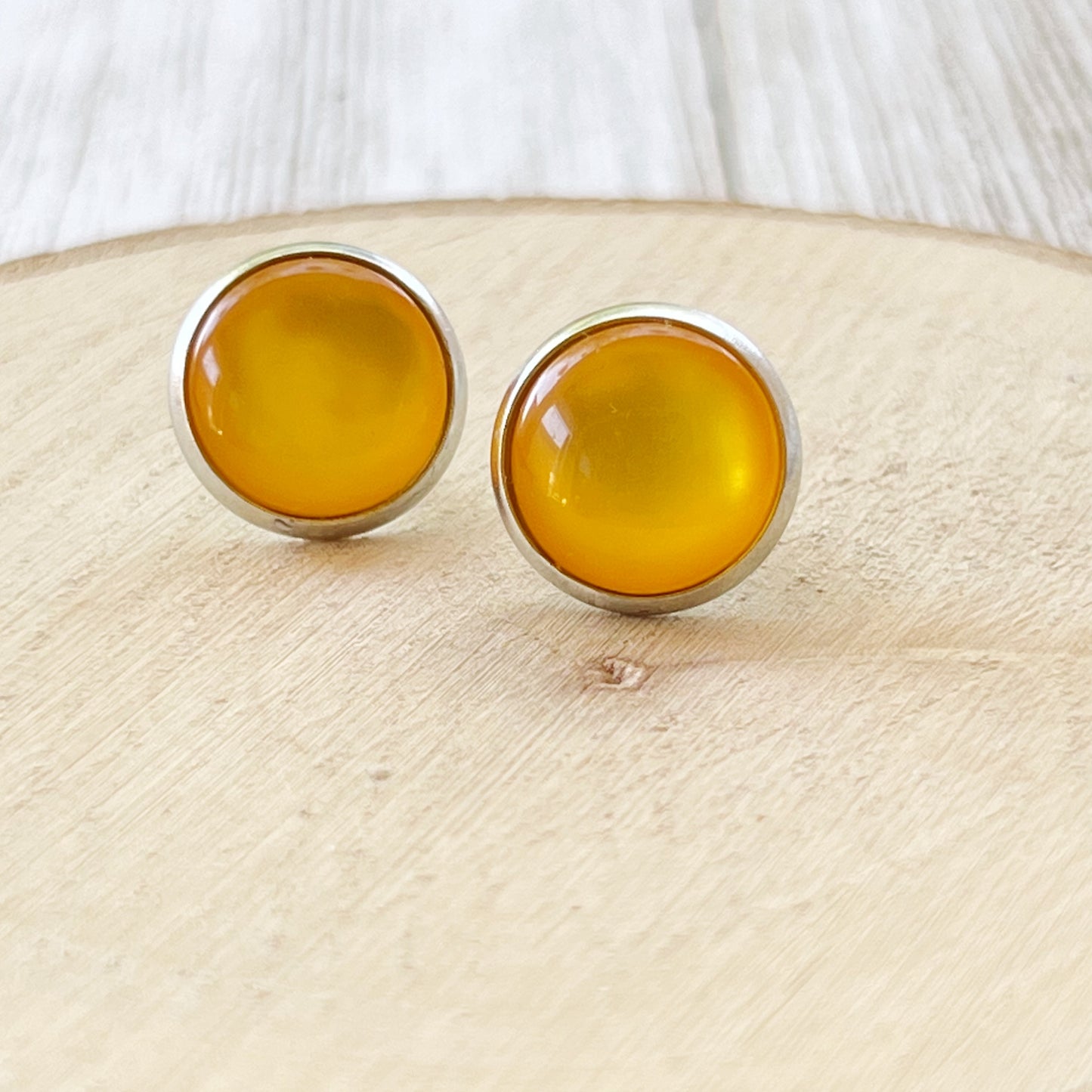 Silver Yellow Orange Glass Earrings Studs, Stainless Steel Earrings, Boho Earrings, Bridesmaid Earrings, Mens Earrings Stud, Unique Earring