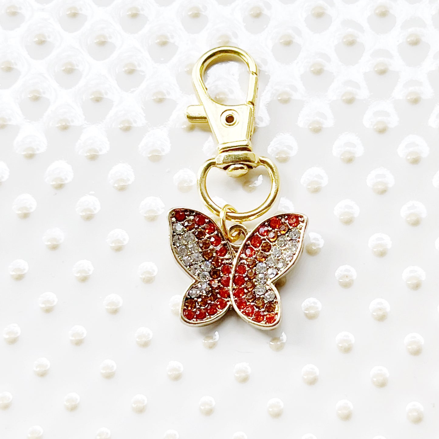 Red & Orange Butterfly Zipper Pull Keychain Charm with Rhinestones - Stylish and Whimsical Accessory for Your Bag