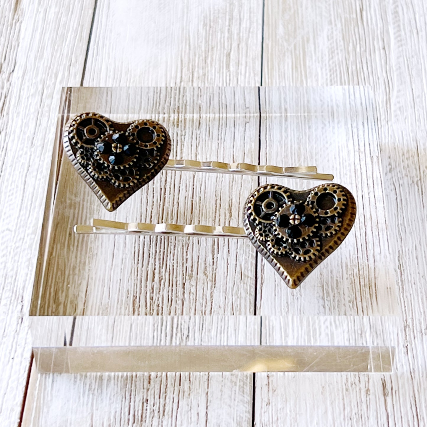 Steampunk Gear Hearts with Black Rhinestones Hair Pin