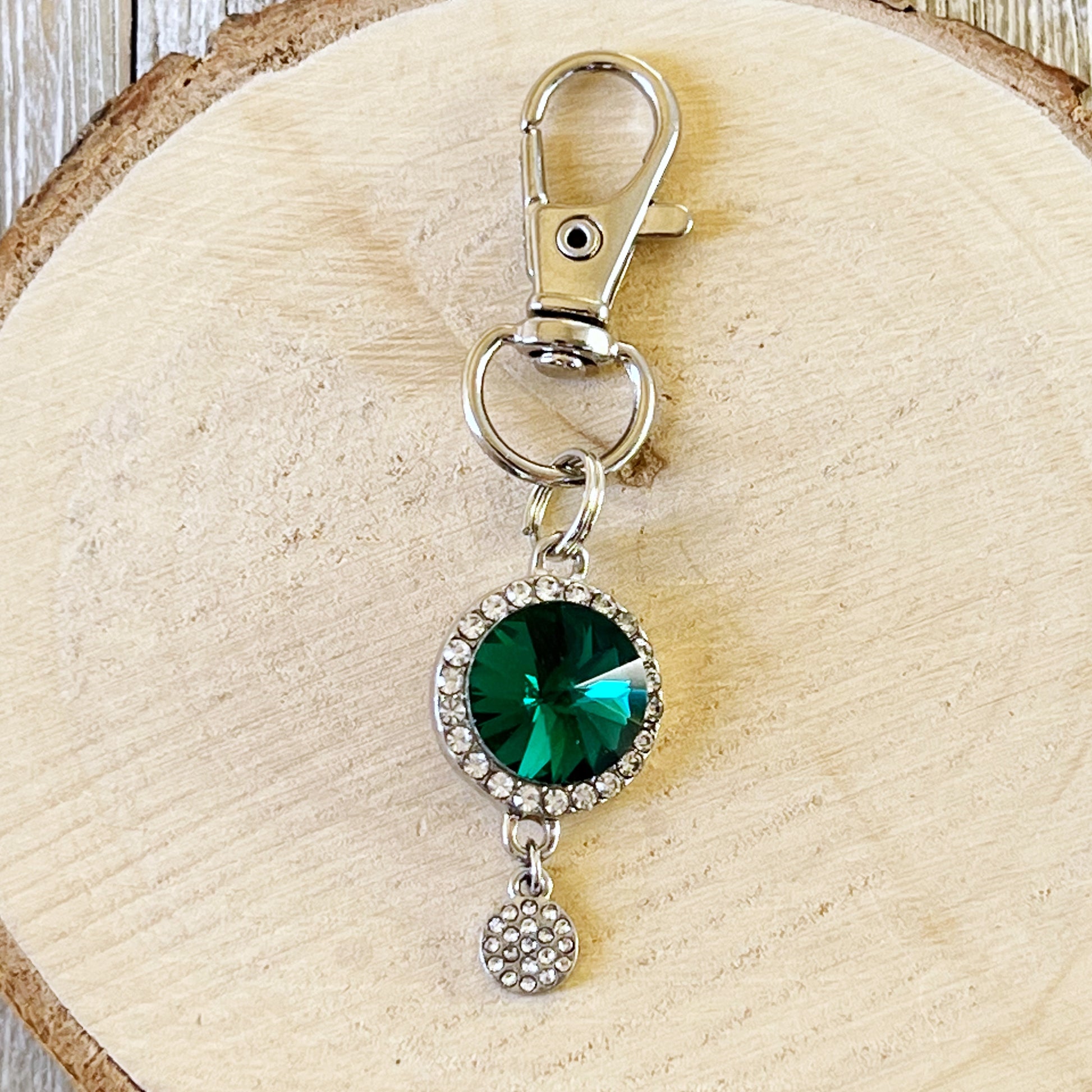 Green Zipper Pull Keychain Charm with Rhinestones