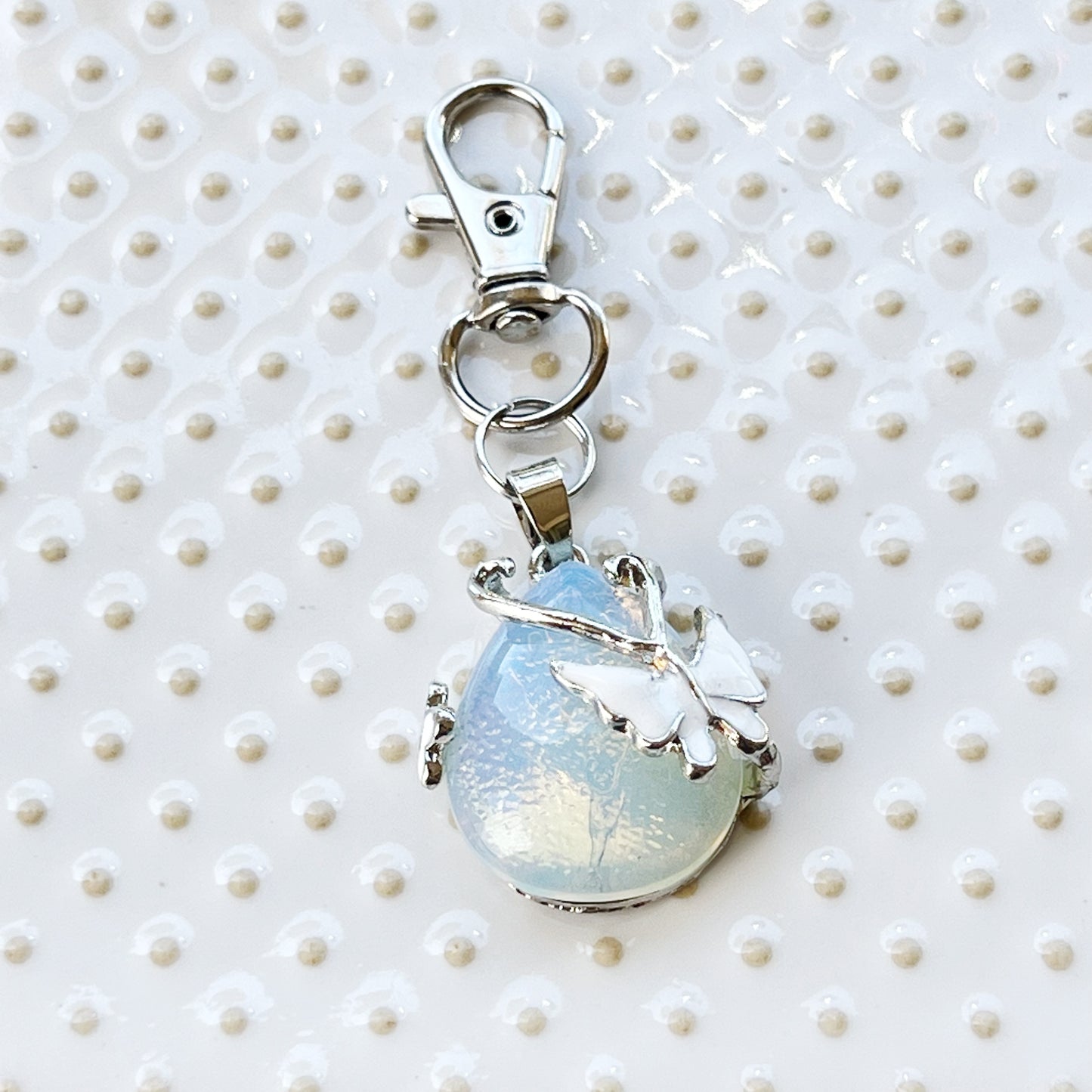 White Butterfly Wrapped Stone Zipper Pull Keychain Charm